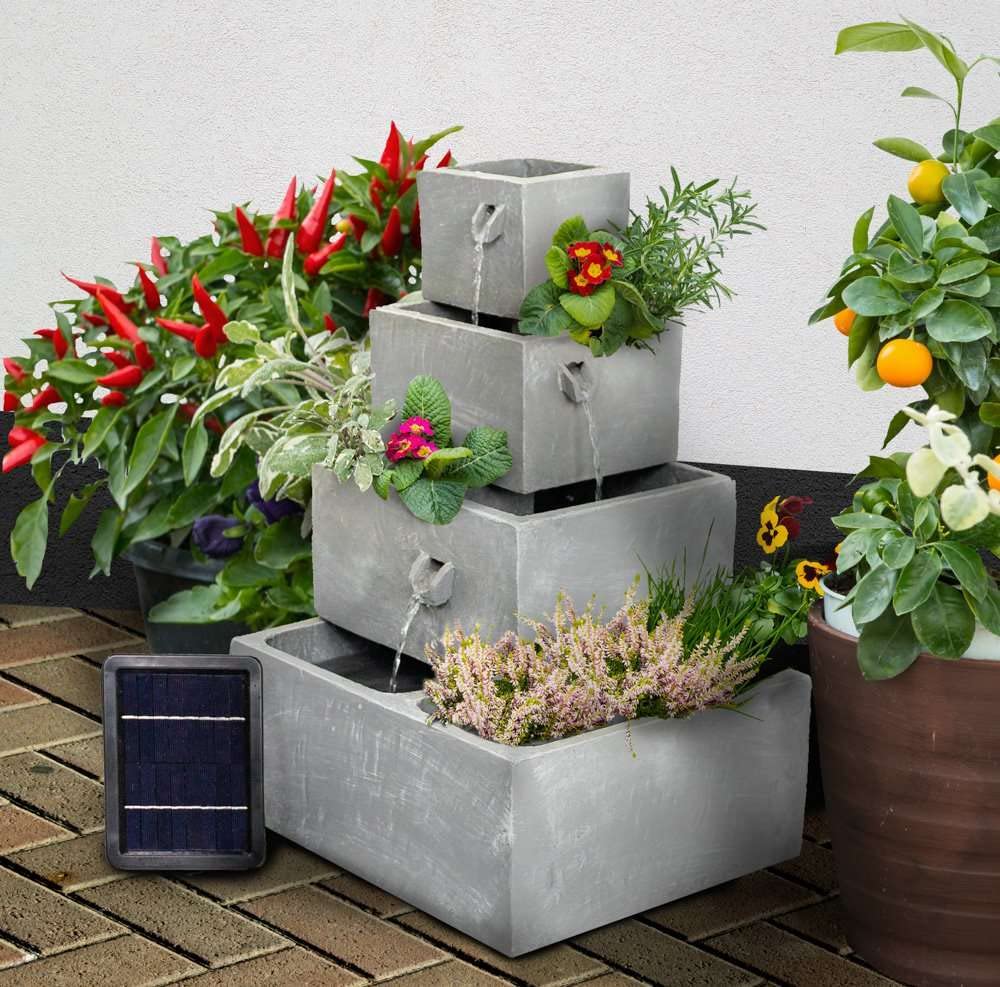Primrose 63cm Perth 4 Tier Grey Solar Powered Water Feature & Herb Planter with LED Lights