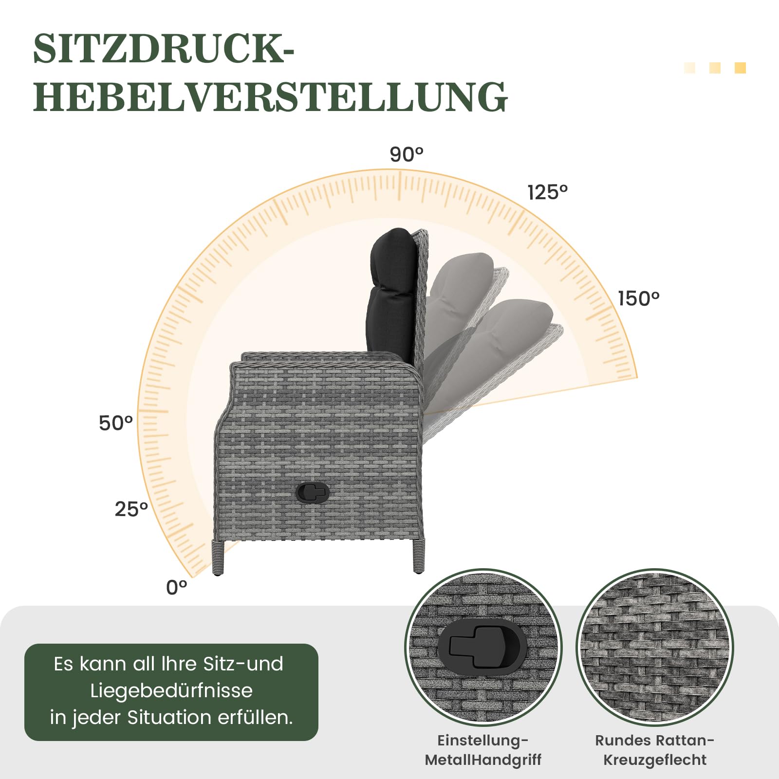 Amopatio Rattan Gartenmöbel Set mit 2 Verstellbarem Rattan Sessel, 2 Hocker & Glastisch, Wetterfest Lounge Möbel Outdoor mit Softkissen, für Garten,Terrasse & Balkon, Grau-meliert & Schwarz Bezüge