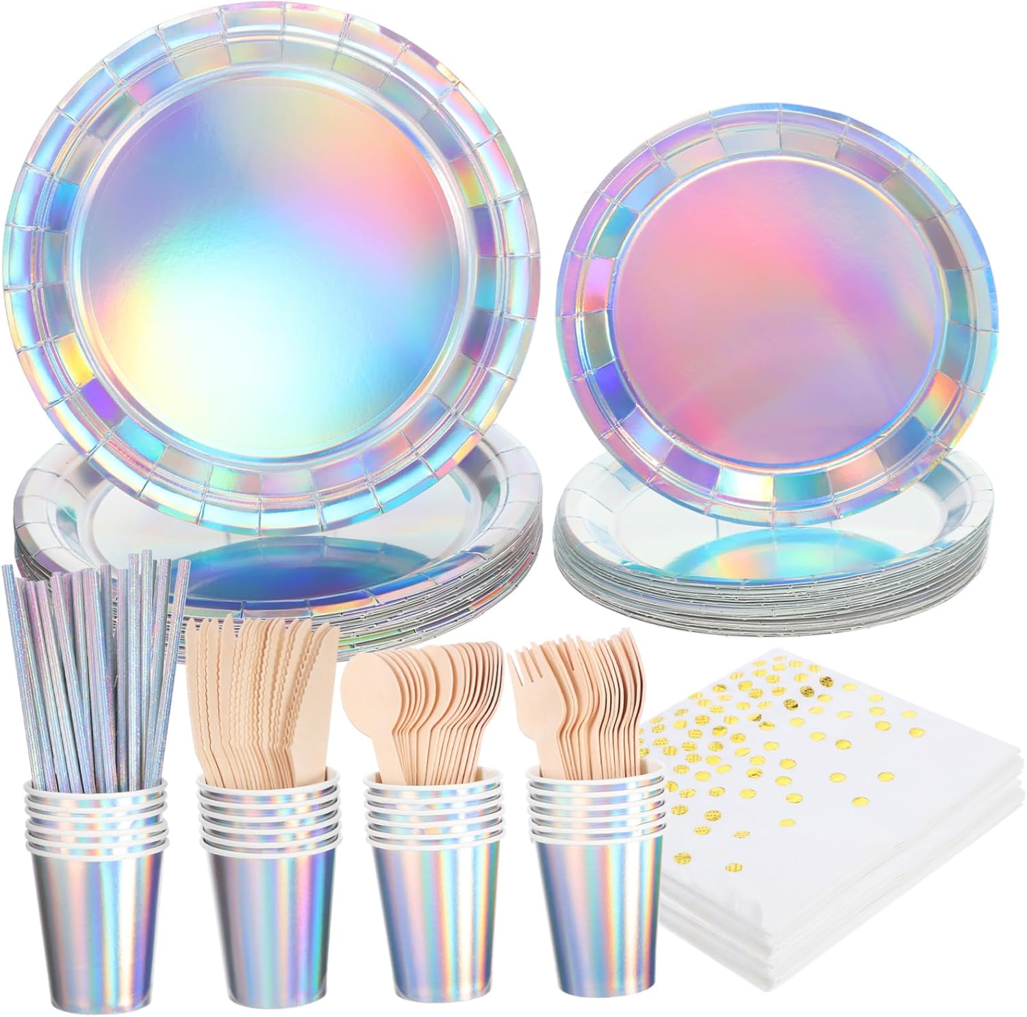 ABOOFAN 25sets Iridescent Neon Party Supplies Pizza Plates Napkins for Birthday Tea Party Decorations