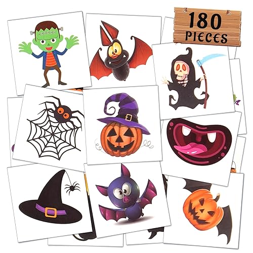 180 tatuajes temporales de Halloween para niños, 60 diseños impermeables de tatuajes, suministros de regalo de truco o trato para niñas y niños