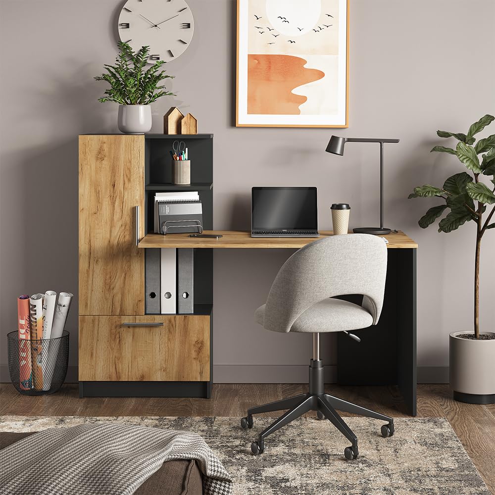 Vicco Bureau Tomy, Anthracite/chêne doré, 150x59cm, avec des espaces de Rangement Ouverts pour Un Stockage organisé