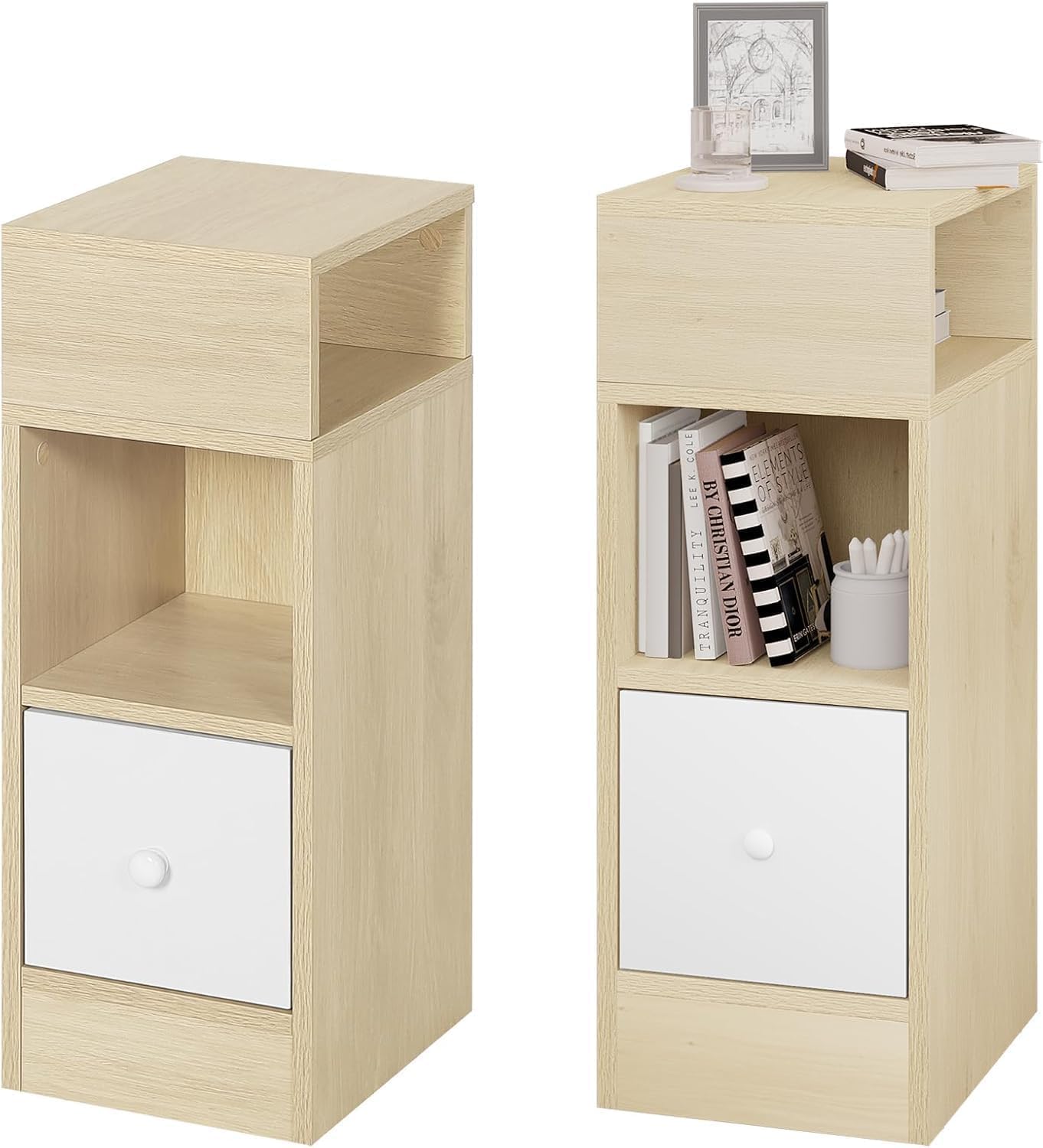 Eugad Light Oak Set Of 2 Narrow Bedside Tables, Slim Nightstands With 2 Open Compartments And 1 Drawer Each, Space Saving Wooden Cabinets For Bedroom Living Room, Light Woodlook, 25X30x66 Cm, 0192Zz-2
