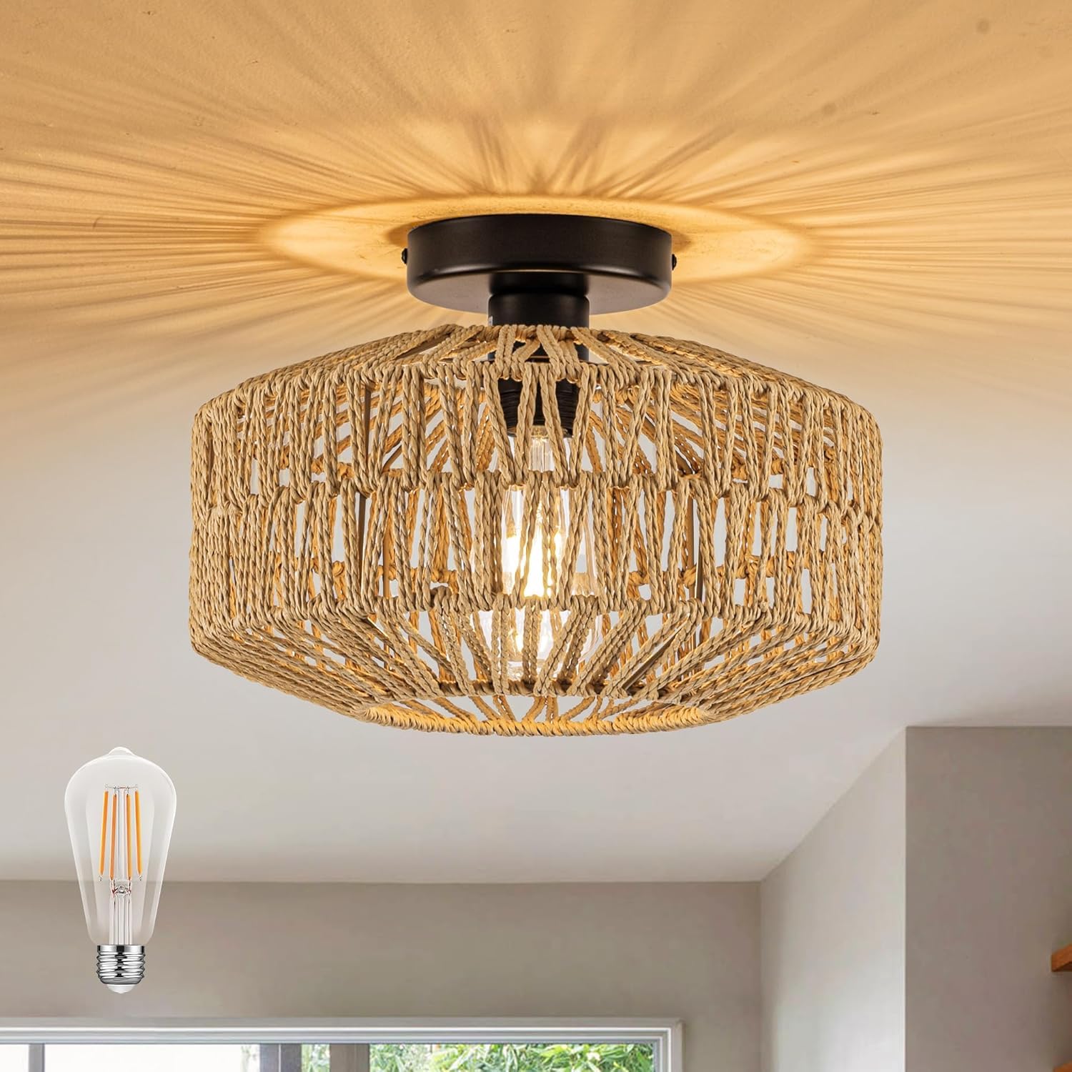 Adebime Boho Deckenleuchte Laternenform Ø30 cm Rattan Optik
