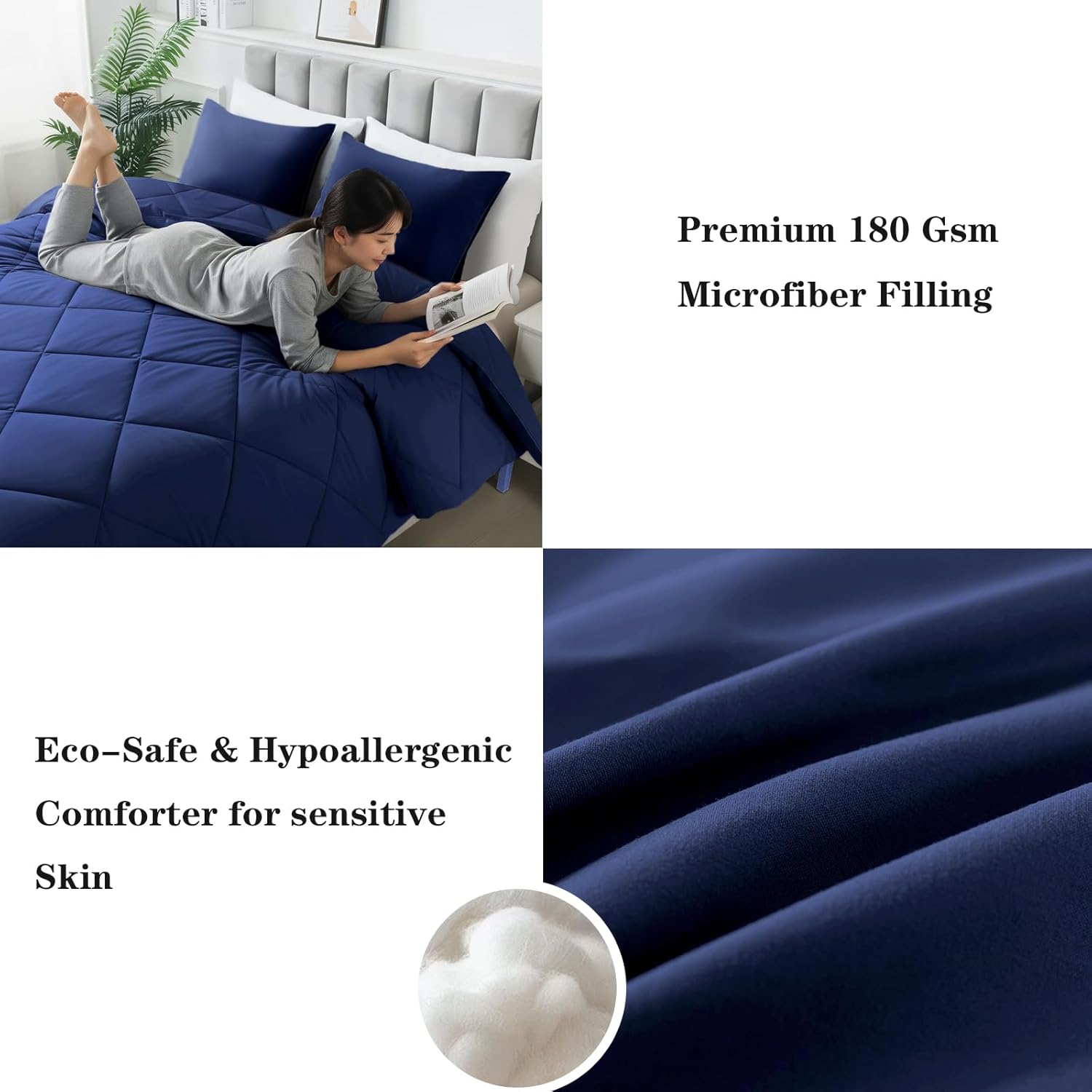 3-Piece Queen Comforter Set,All-Season,Soft & Hypoallergenic &Breathable Bedding,Polyester Quilted,Down Alternative(Comforter*1 & Pillowcases*2),Dark Blue