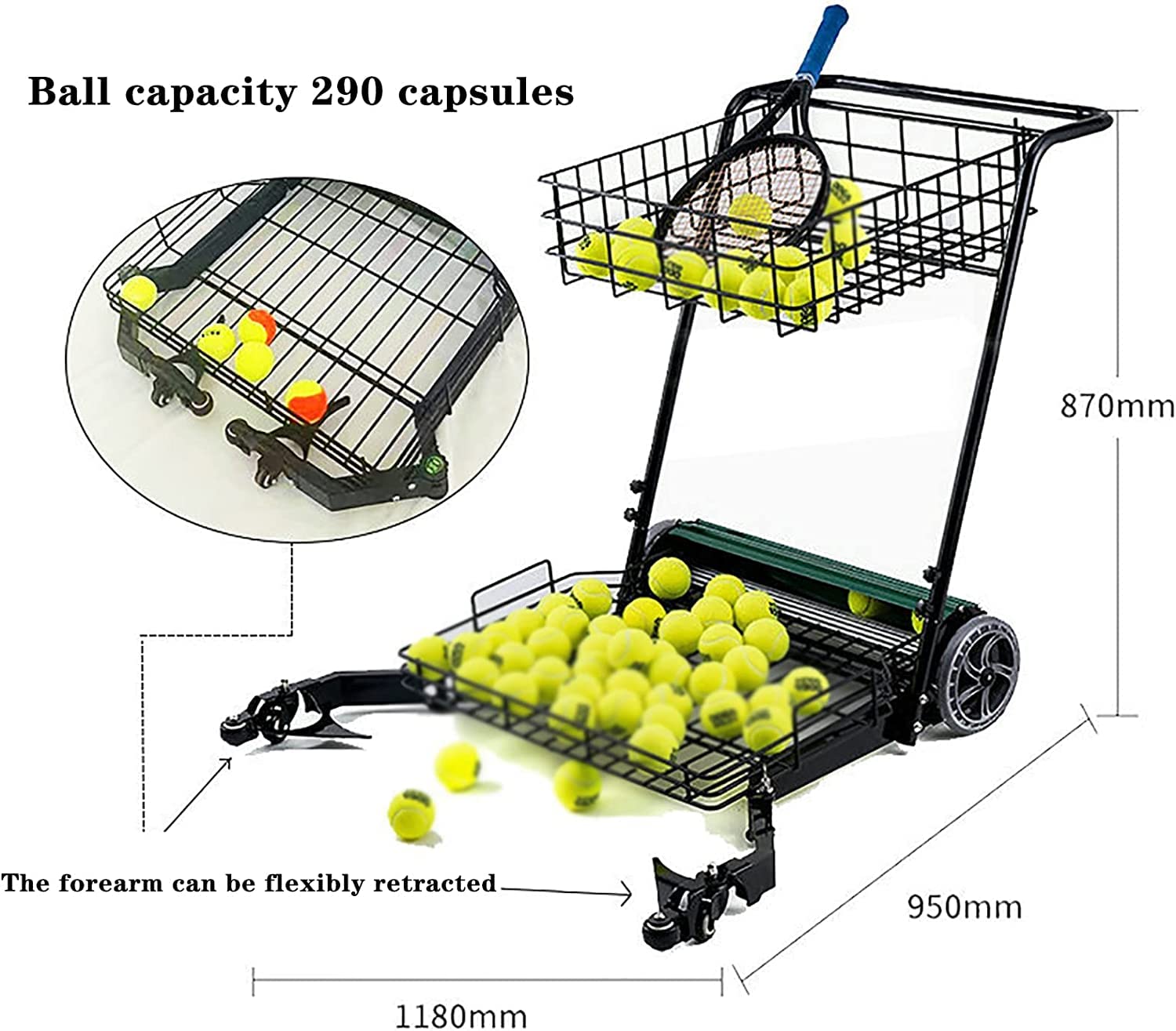 Carrello per la raccolta di palline da tennis, carrello per l'allenamento con raccolta facile di palline, carrello per l'insegnamento, raccoglie 80 palline alla volta, può contenere fino a 170 palli