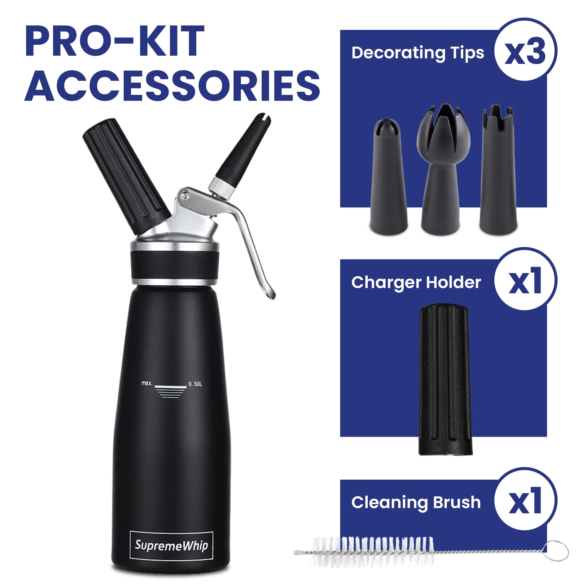 SupremeWhip PRO Cream Dispenser, Durable High-Grip, Metal Lid with Rubber, 3 Nozzles, for Hot/Cold Use, Cleaning Brush Included, Black - 500 ml / 1 Pint