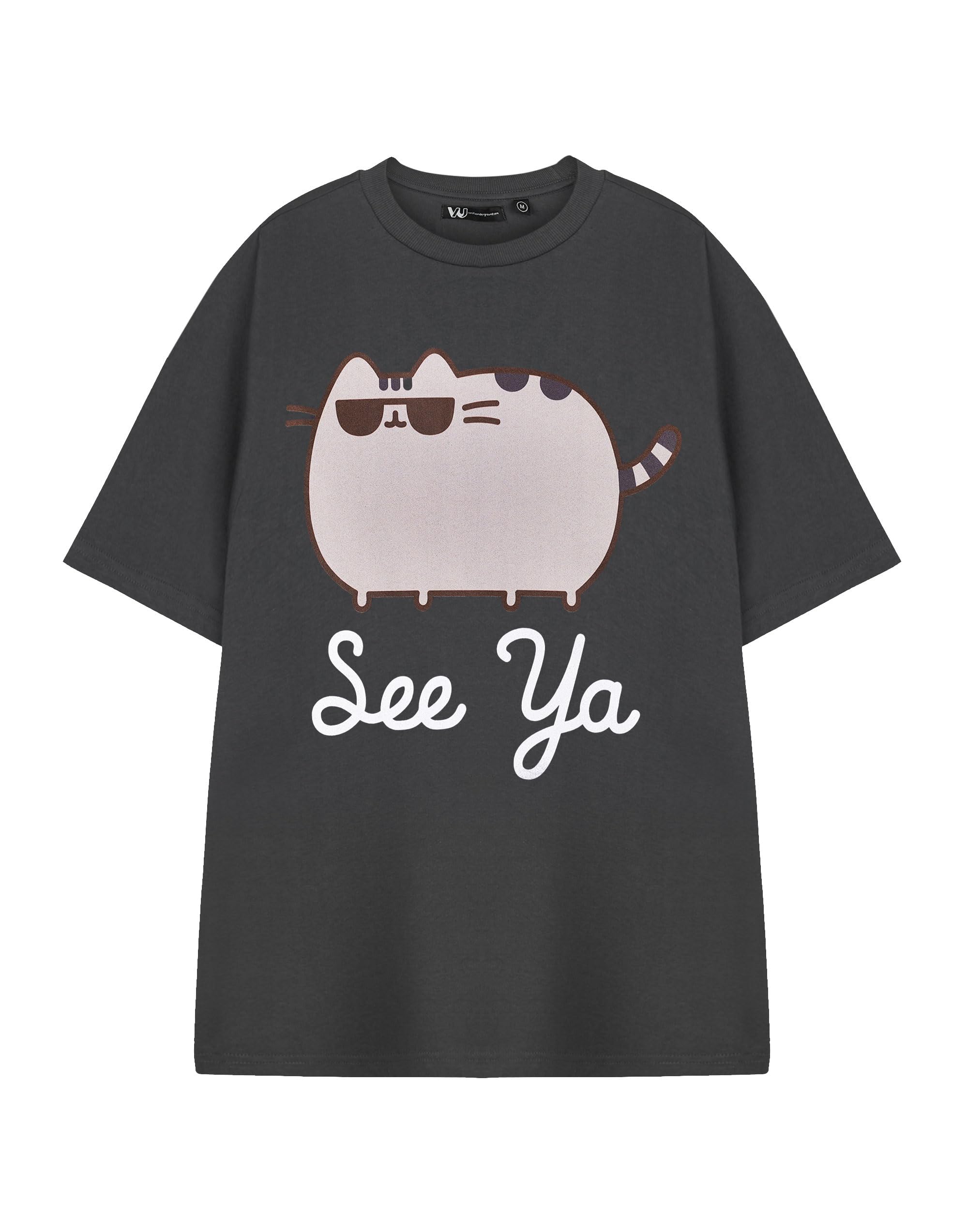Pusheen The Cat Unisex Grey Pusheen Women's Short Sleeve T-Shirt | See Ya Pusheen Graphic Tee In Black | Cute Internet Cat Top | Comfortable Casual Apparel | Cat Lover Gift For Her