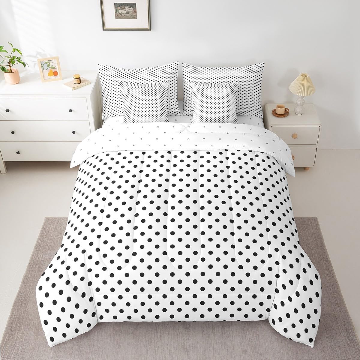 Erosebridal 7 Pcs Bed in A Bag Polka Dots Comforter Set Queen Size, Black White Comforter and Sheet Set for Kids, Geometric Circle Modern All Season Soft Microfiber Bedding Set