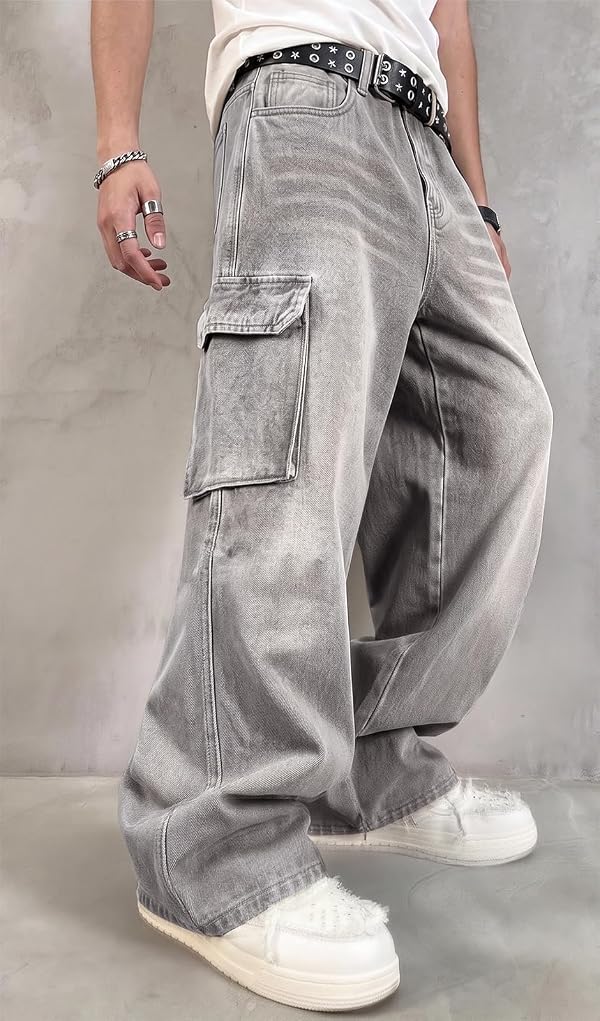 HUNGSON Mens Baggy Cargo Jeans for Men Women Y2k Skater Vintage Plain Pants Casual Wide Leg Jeans Loose Fit Denim Jeans Light Grey by HUNGSON - Used condition - Image 3