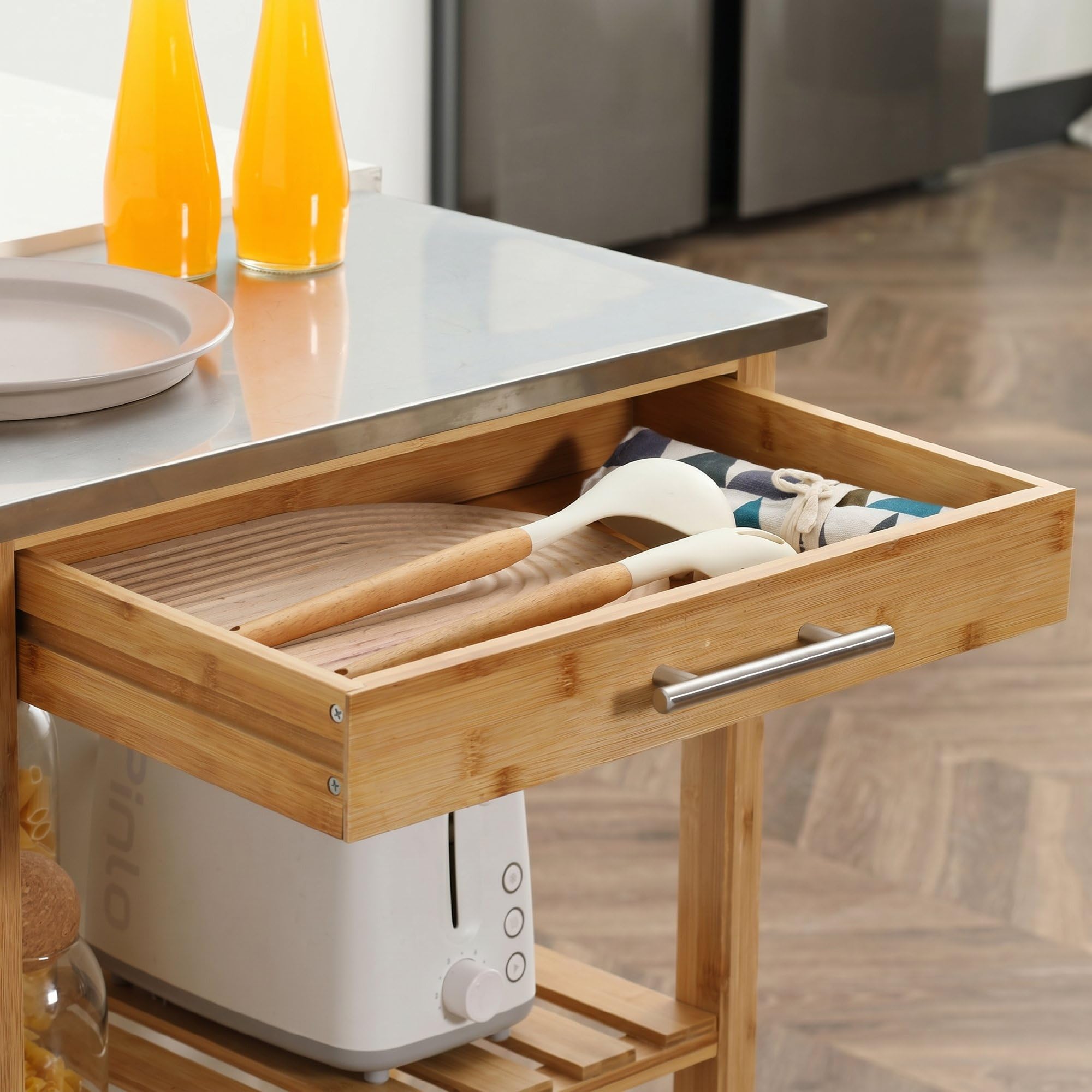 HOMCOM Carrito de cocina de bambú, carro de cocina ahorra espacio con tablero de acero inoxidable, cajón y estantes de láminas, carro frutero y verduras, para salón salón salón natural