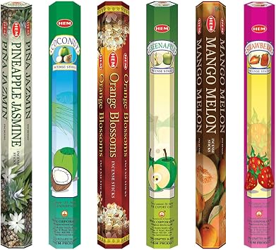 Hem Assorted Incense Sticks | Natural Fragrance | Positive Energy & Spiritual Wellness | Multiple Scents | Pack of 6 Orange Blosson, Coconut, Green Apple, Mango Melon,Strawberry, Pineapple Jasmine