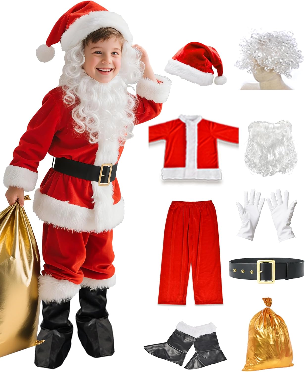 Kids Santa Claus Costume - 9 PCS Santa Costume for Kids Santa Suit Outfit for Boys Toddler Christmas Halloween Party
