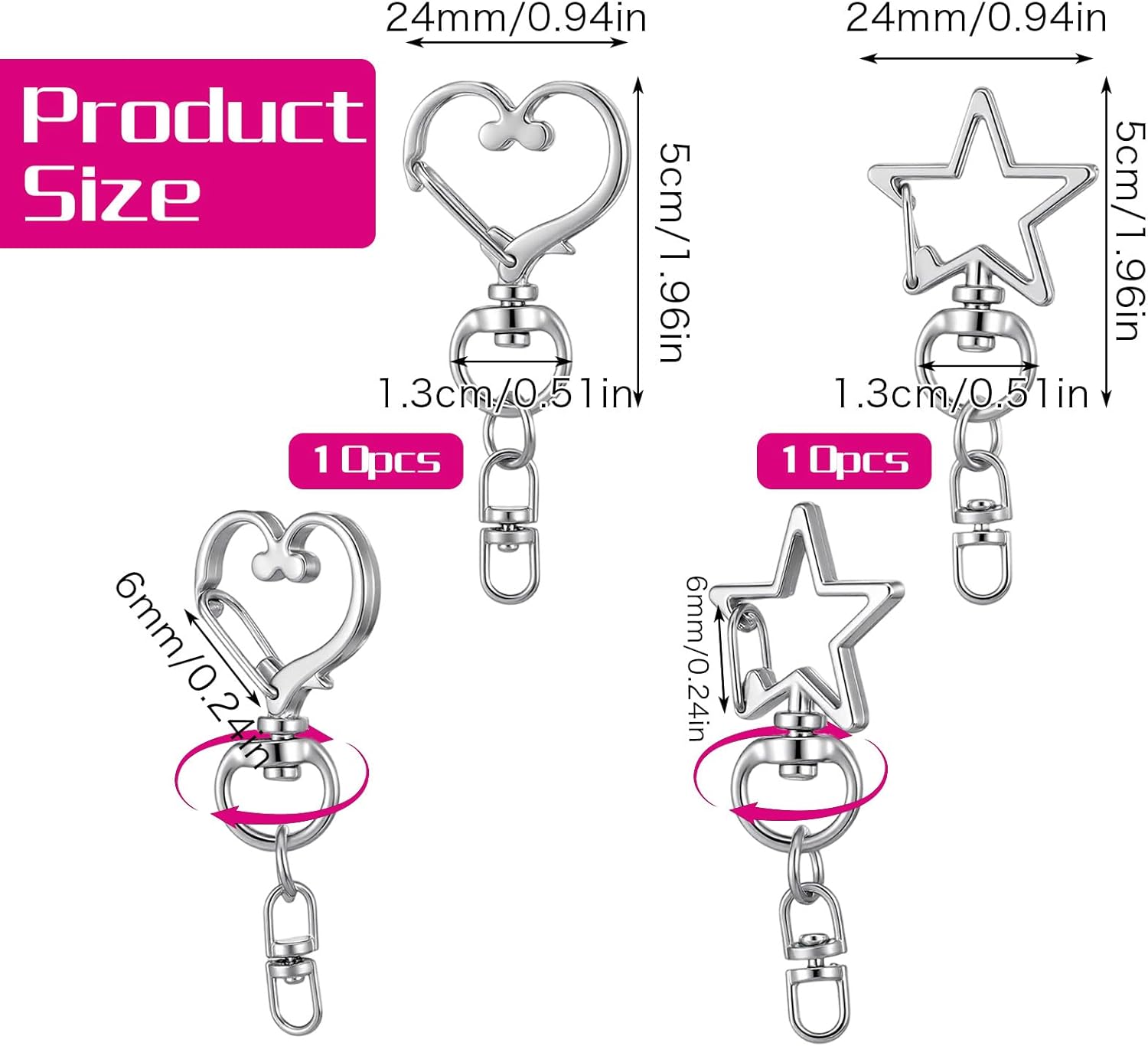 20Pcs Star and Heart Keychain Clasp Set, Silver Swivel Lobster Clasp with Open Jump Rings and Spring Clasps Swivel Buckle Clip Snap Hook Keychains for Handmade Keychain DIY Craft - Image 5