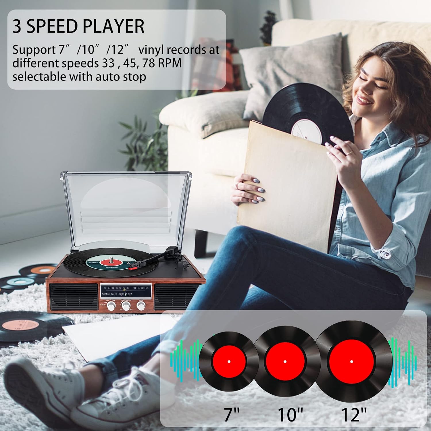 LUXSWAY Bluetooth Record Player Turntable,3-Speed Turntable Vinyl Record Player FM Radio with 2 Built-in Stereo Speakers,33 45 78RPM Vintage Phonograph Player,L/R Line Out Speaker,Dust Cover