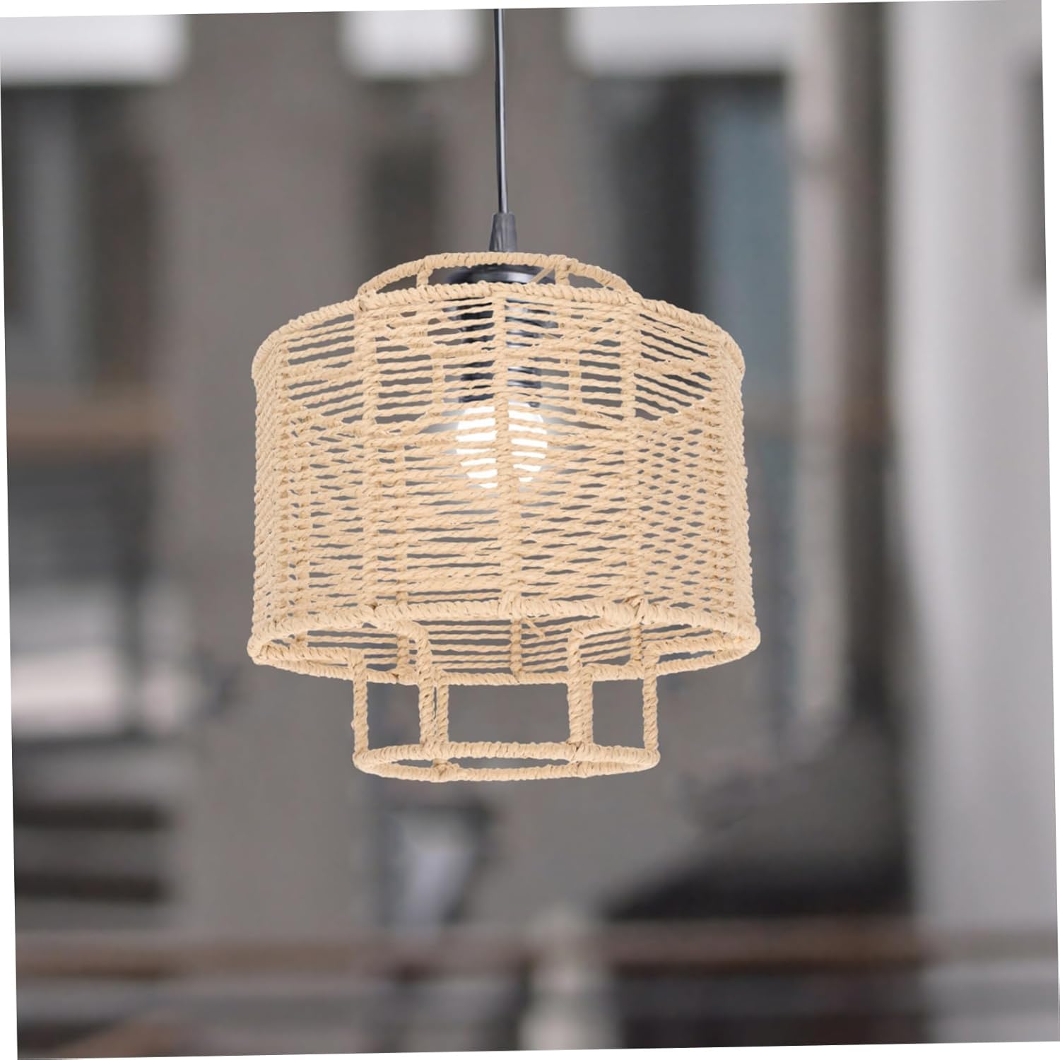 POPETPOP Elegant Paper Rope Weaving Lampshade Black Drum Light Fixture for Home Hotel Restaurant