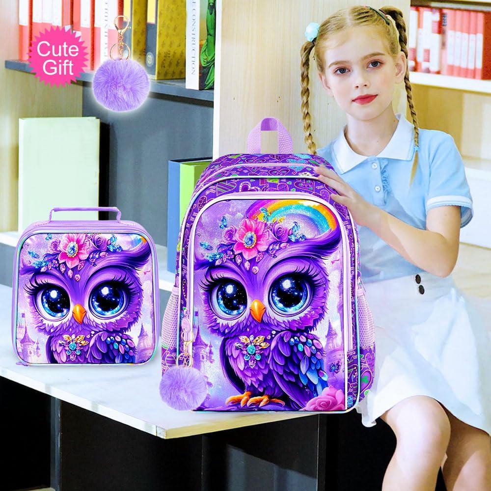 16" Owl Backpack for Girls, 3Pcs School Backpacks Set for Elementary Preschool Kindergarten, Kids Bookbag with Lunch Box (Purple)