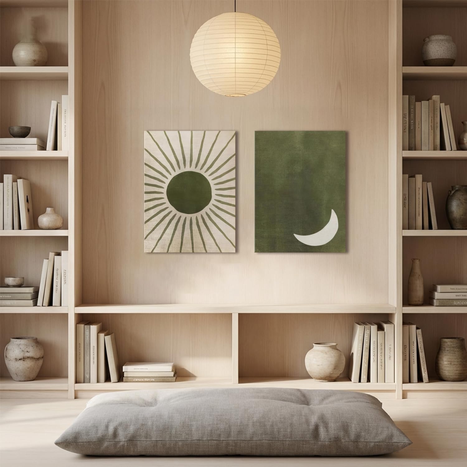 Boho Sun and Moon Canvas Wall Art Set of 2 Sage Green Bohemian Paintings Prints Wall Decor Large Mid Century Modern Abstract Minimalist Pictures for Living Room Bedroom Office 12x16 inch Framed