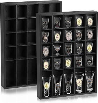 2 Pcs Black Shot Glass Display Case for Wall, Wooden Shot Glass Shelf with Removable Shelves,Wall Mounted Shadow Box,Minifigures Thimble Collection Display,30 Slots