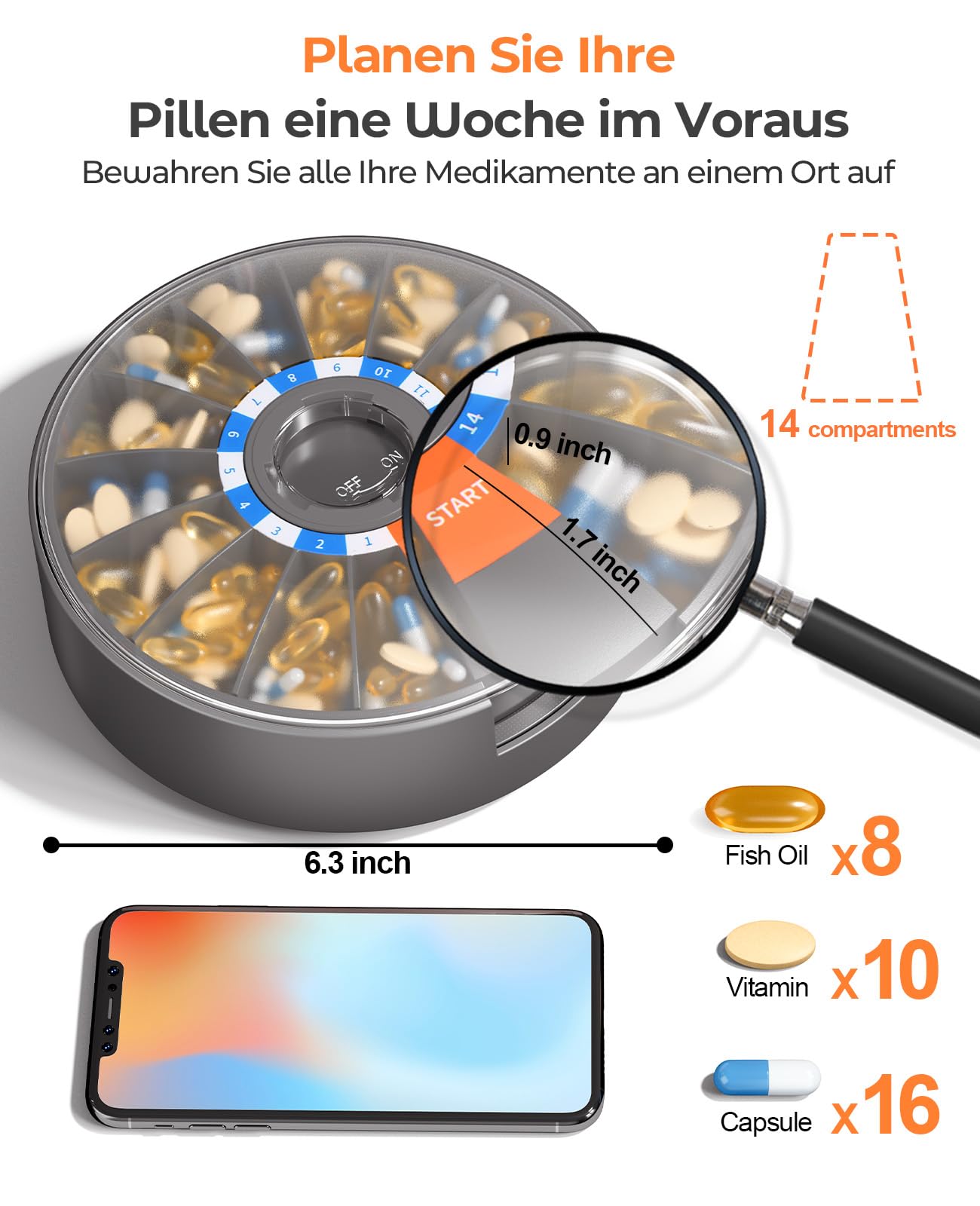 Daviky Großer pill dispenser - Tablettenbox 14 tage Druckknopf-Design