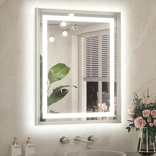 Miniatura 43 de TETOTE Espejo LED de baño de 24 x 32 pulgadas, marco de metal dorado cepillado frontal y retroiluminado, espejo de tocador antiniebla, regulable Oro