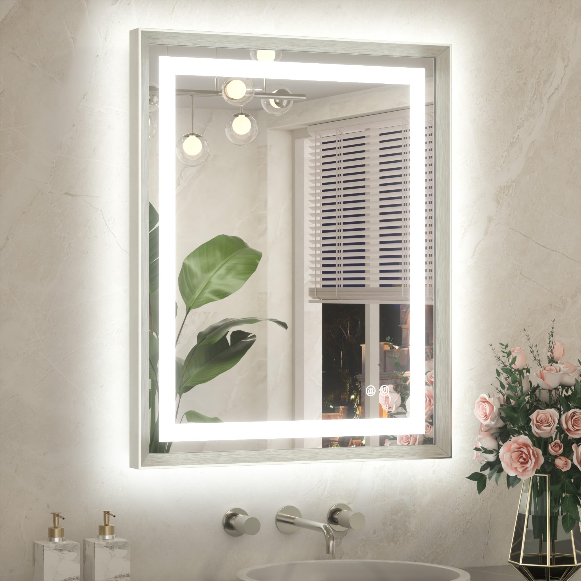 TETOTE 24 x 30 Bathroom Mirror Silver Metal Frame Frontlit &amp; Backlit Vanity Mirror 3 Colors White/Warm/Natural Stepless Dimmable Anti-Fog Bathroom Mirrors for Vanity