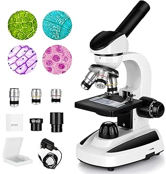 Microscope for Students & Kids 40X-1000X, Chargable Compound Monocular Microscope with Microscope Slides Set, Led Light Microscope