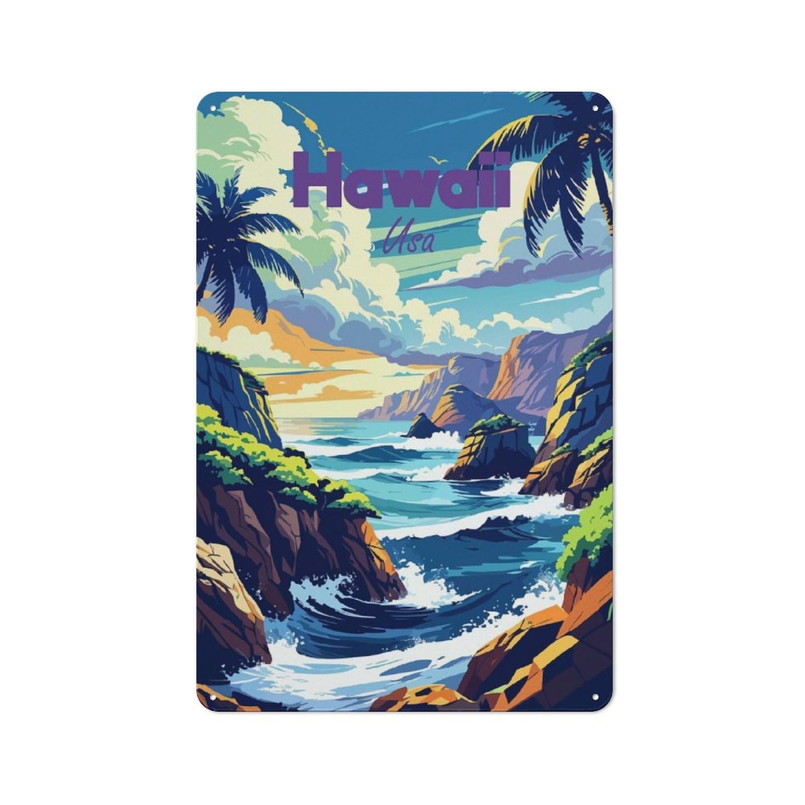 Junmoney Style-3 Hawaii Usa Coastal Landscape Art Decorative Metal Plaque 30X20cm, Loft Style Urban Room Decor For Flat, Bar, Studio Or Gallery Wall