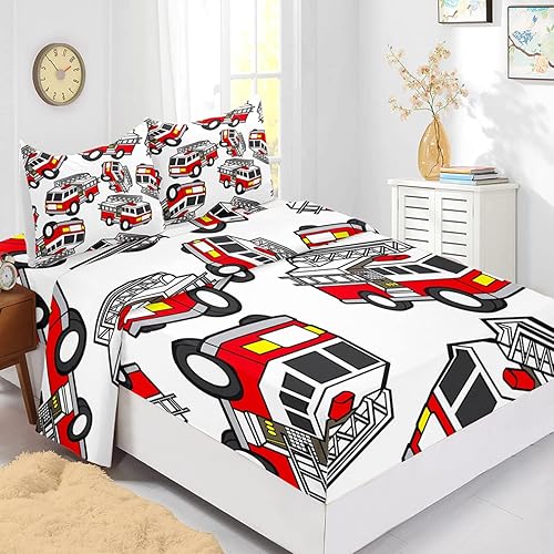 CVHouse Juego de sábanas de camión de bomberos, tamaño individual, juegos de ropa de cama de caricaturas para niños y adolescentes, juegos de