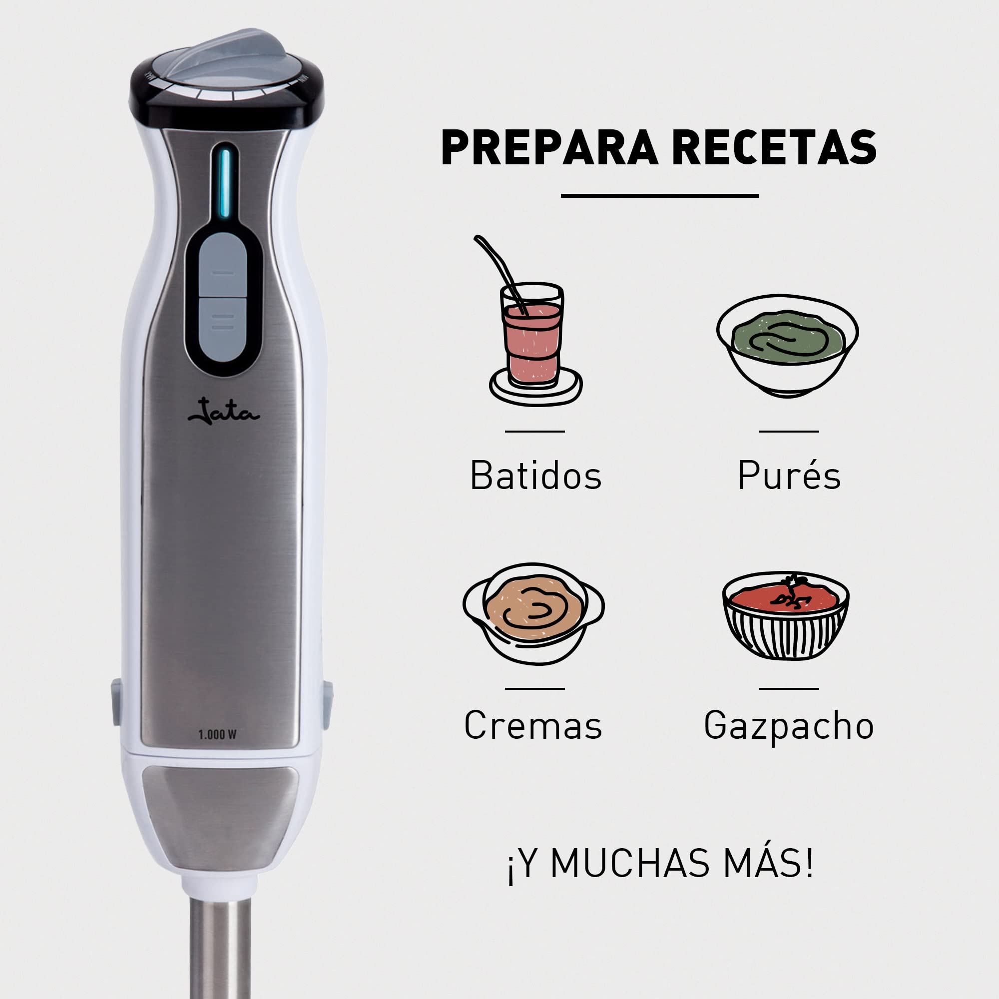 Jata BT199 - Batidora de Mano 1000 W con Regulador de Velocidad, Pie de Acero Inoxidable Desmontable, Cuchilla Titanium Doble, Incluye Picadora, Batidor Varillas y Vaso Medidor 600 ml