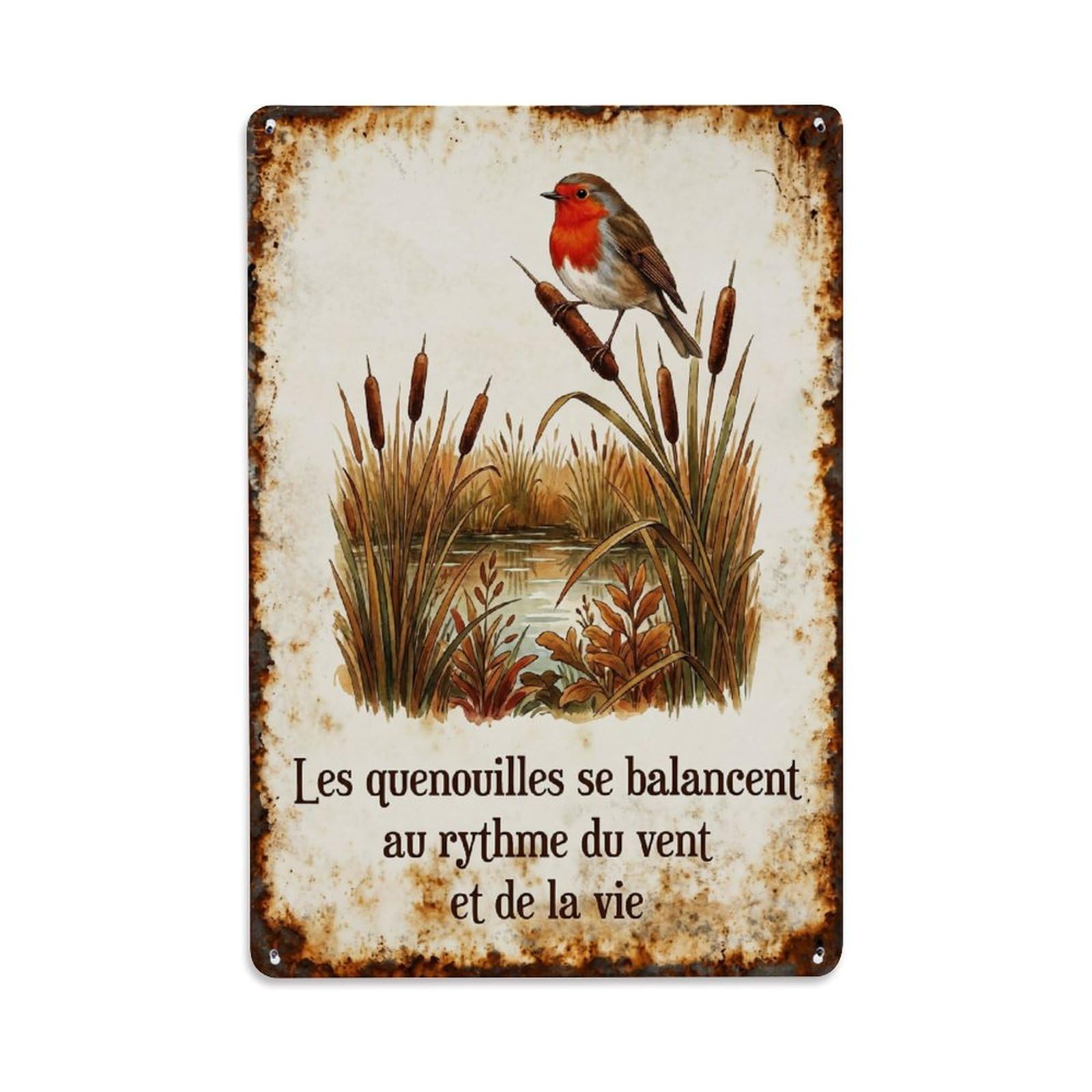 Yrnq Vintage Style-24 Robin Bird Garden Quote Cattail Pond Vintage Metal Tin Sign Plaque Wall Decor For Cafe, Club, Garden Round Metal Poster 8X8inch