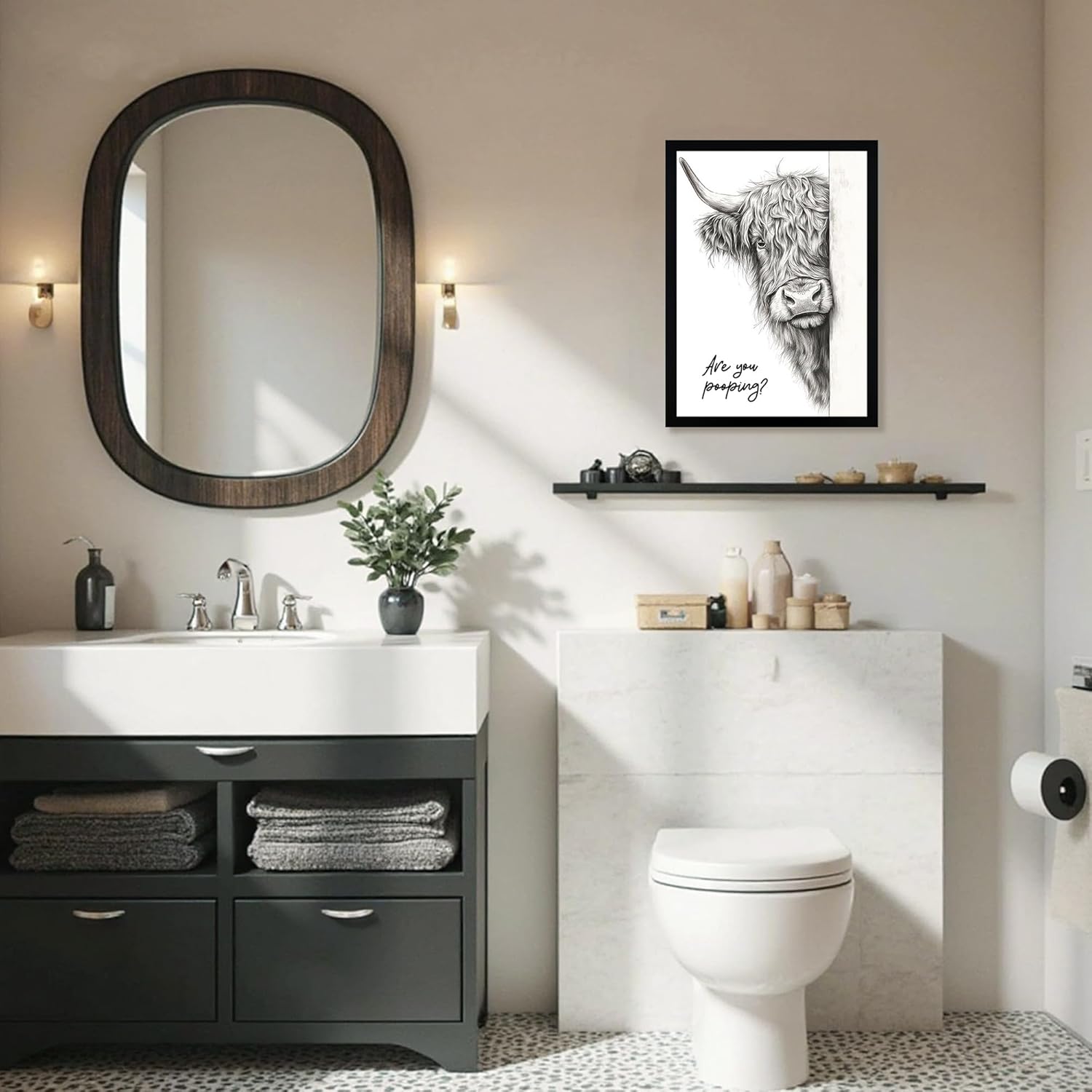 WRFON Framed Highland Cow Bathroom Wall Art, Funny Highland Cow With Are You Pooping Artwork Print, Black and White Animal Canvas Wall Painting, Modern Farmhouse Decoration for Home Decor, 12"W x 16"L