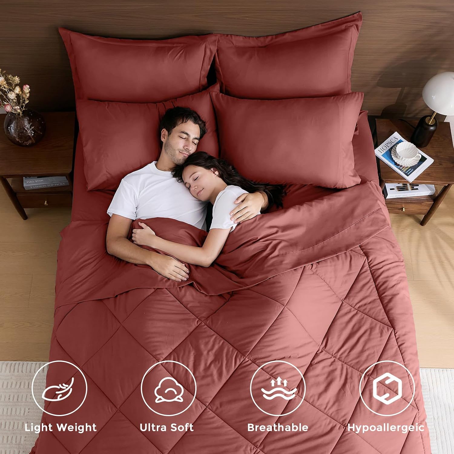 HEVUMYI Terracotta Queen Comforter Set - 7-Piece All Season Bed in a Bag Queen, Ultra Soft Bedding Set with Comforter, Flat Sheet, Fitted Sheet, Pillowcases, Pillow Shams thumbnail