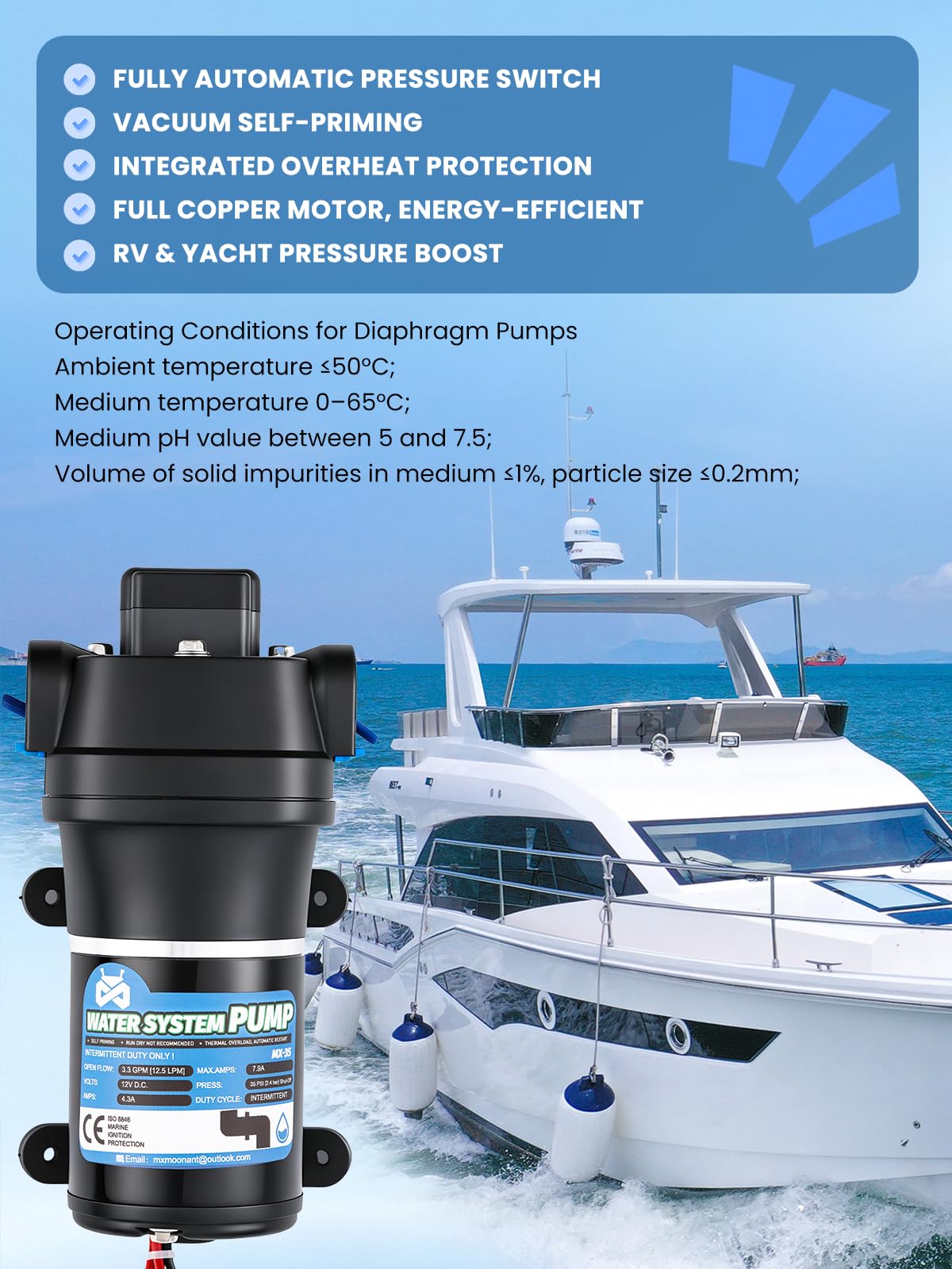 Mxmoonant 12V DC Pompe à eau Automatique, 2.4Bar, 95W, 12.5L/Min, Auto-amorçage, Protection Contre les Surcharges, Pompe Membrane pour Caravane, Camping Car, Bateau, Lavage, Irrigation, Circulation