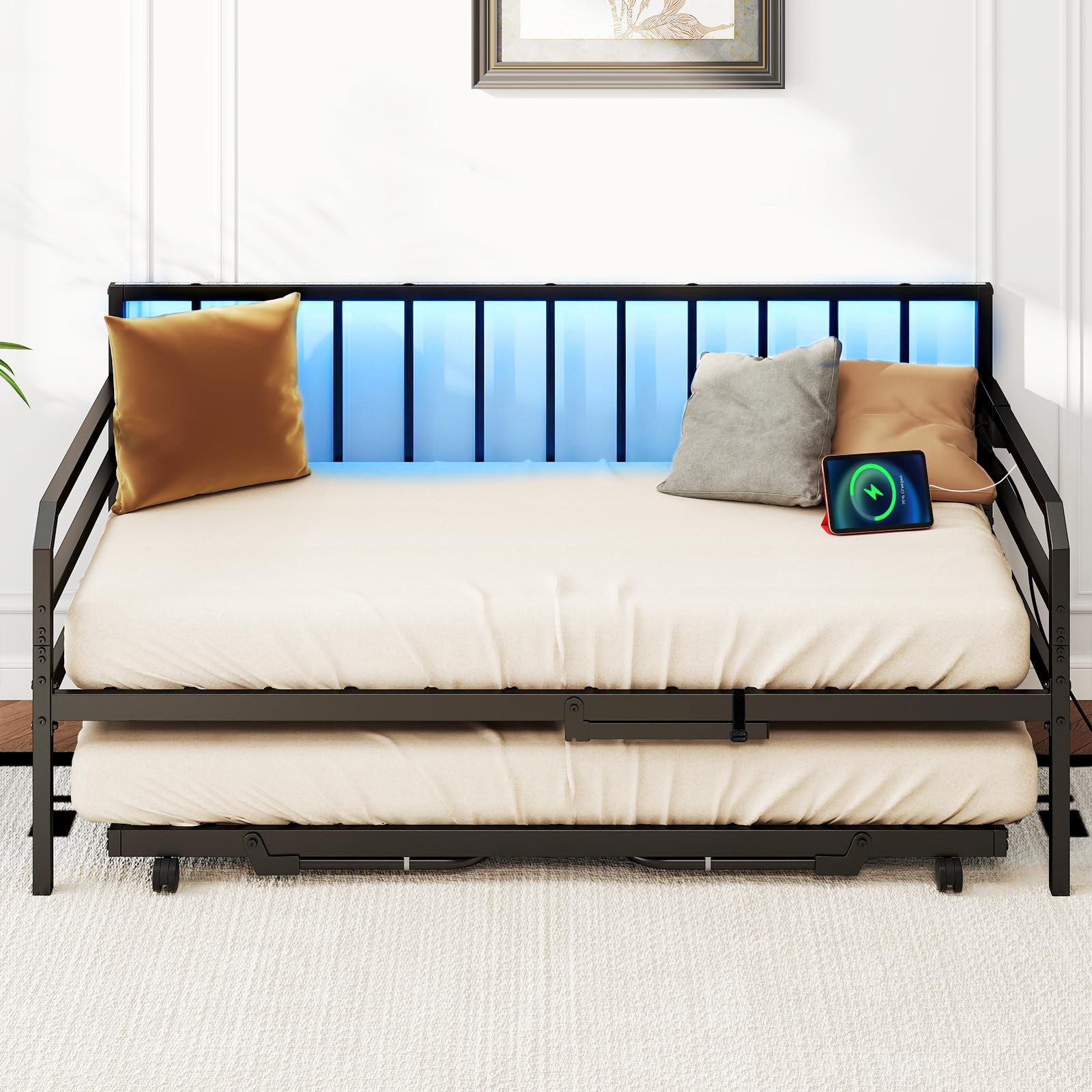 COSTWAY Letto Estraibile, Divano Letto Singolo con Luci LED e Stazione di Ricarica, Lettino Matrimoniale con Struttura in Metallo, 2 Pz 90x200 cm, per Soggiorno e Camera da Letto (Nero)