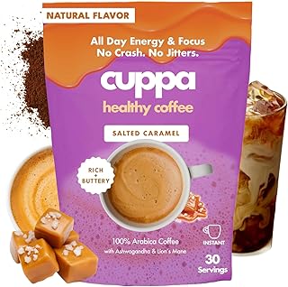 Cuppa Salted Caramel Mushroom Coffee with Adaptogens & Superfoods - Lion’s Mane, Ashwagandha & Cordyceps. Adaptogens + MCT to support natural energy, mental focus & gut health (30 Servings)