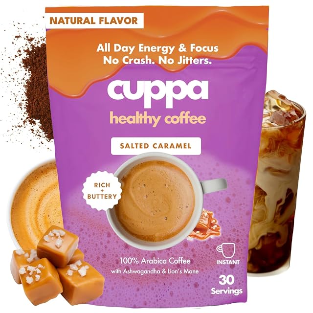 Cuppa Salted Caramel Mushroom Coffee with Adaptogens Superfoods - Lions Mane Ashwagandha Cordyceps Adaptogens MCT to support natural