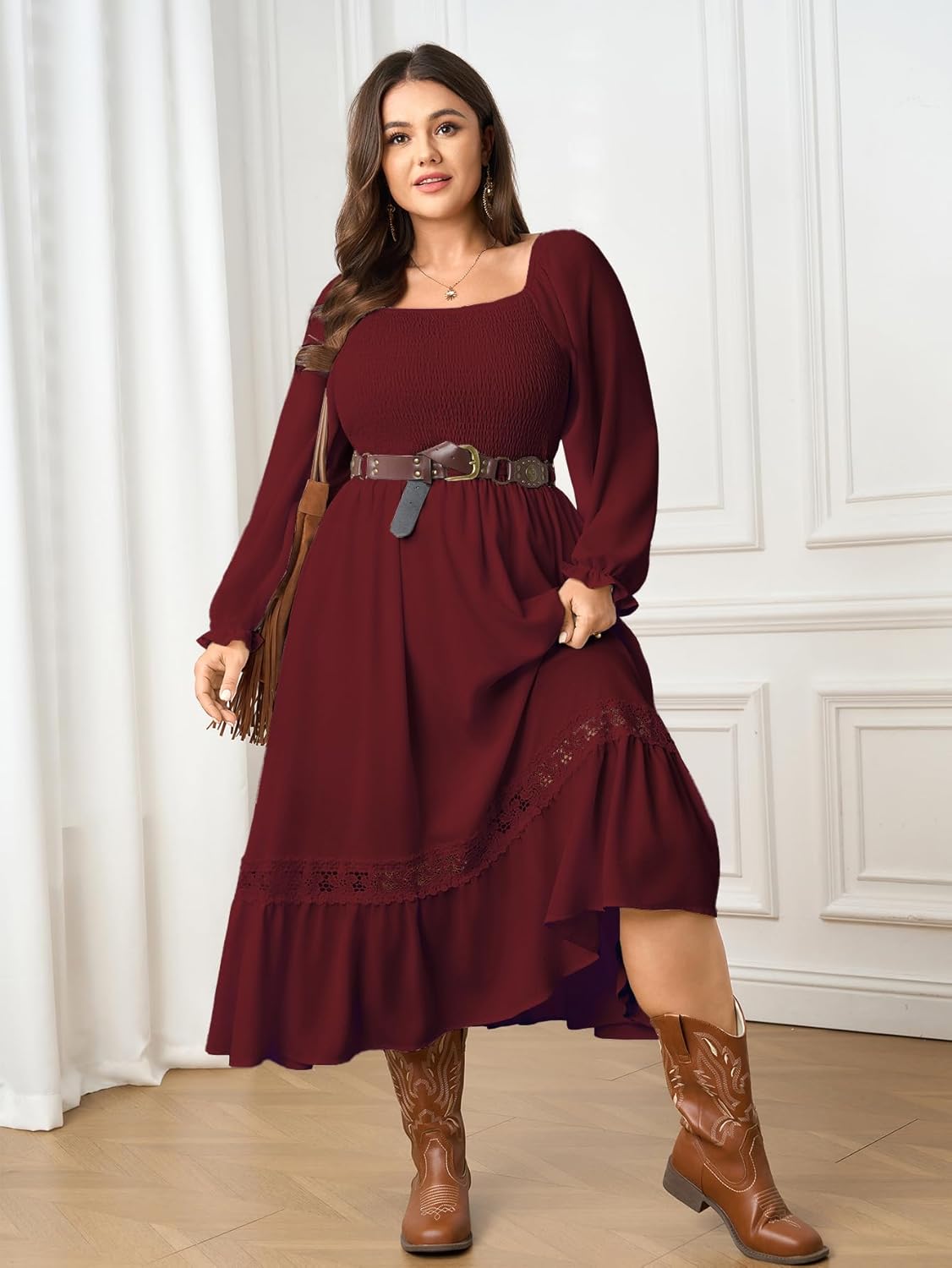 SCOMCHIC Womens Plus Size Fall Dresses Long Sleeve Square Neck Wedding Guest Smocked Flowy Boho Country Western Maxi Dress - Image 4