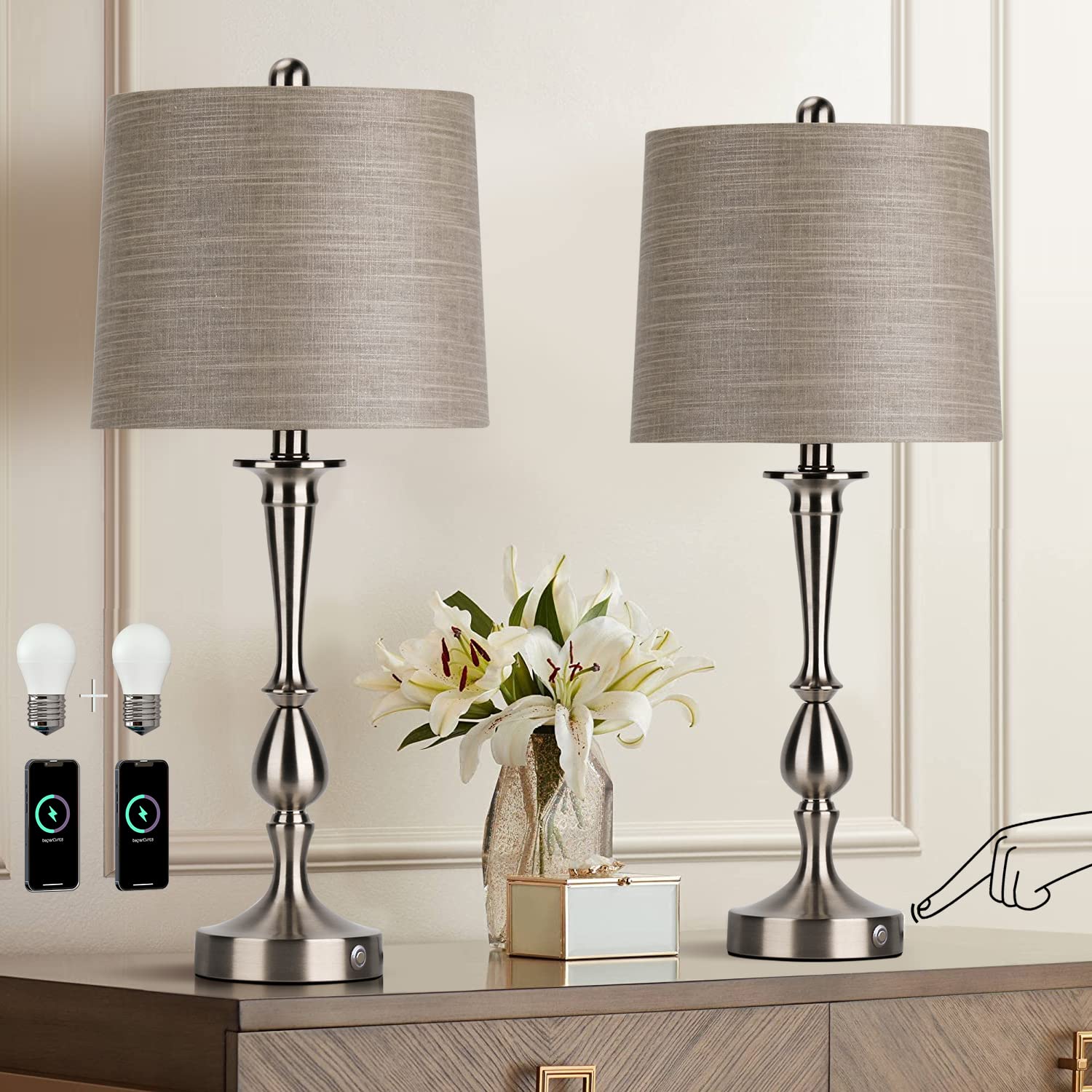 Oneach USB Modern Metal Table Lamps for Living Room Bedroom Set of 2 (Large Size, Brushed Nickel Touch)