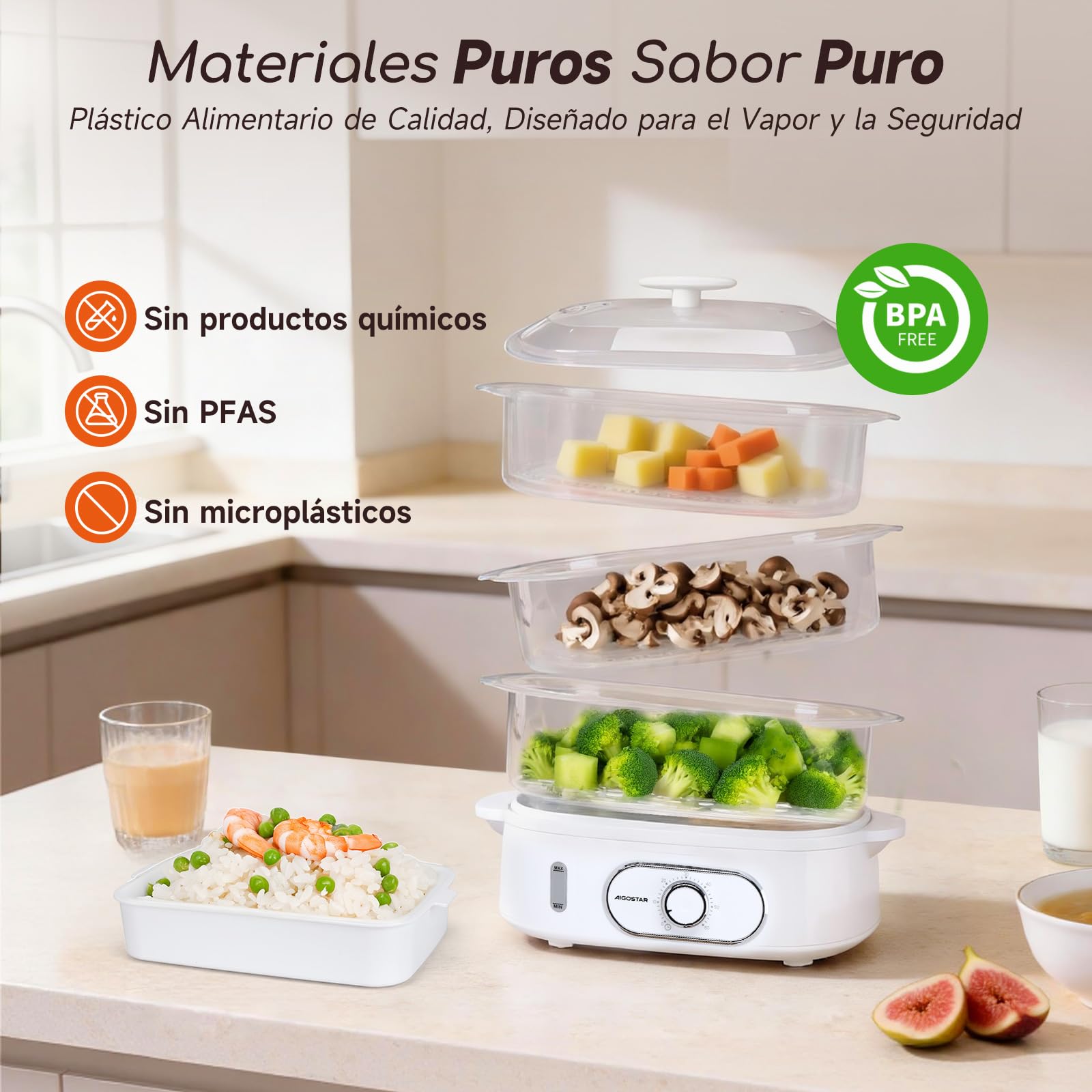 Aigostar Vaporera Eléctrica 12L, 3 Recipientes Apilables Independientes, Cuenco para Arroz, Soporte para Huevos, Temporizador 60 Minutos, Base Antideslizante, Sin BPA, 900W, Blanco