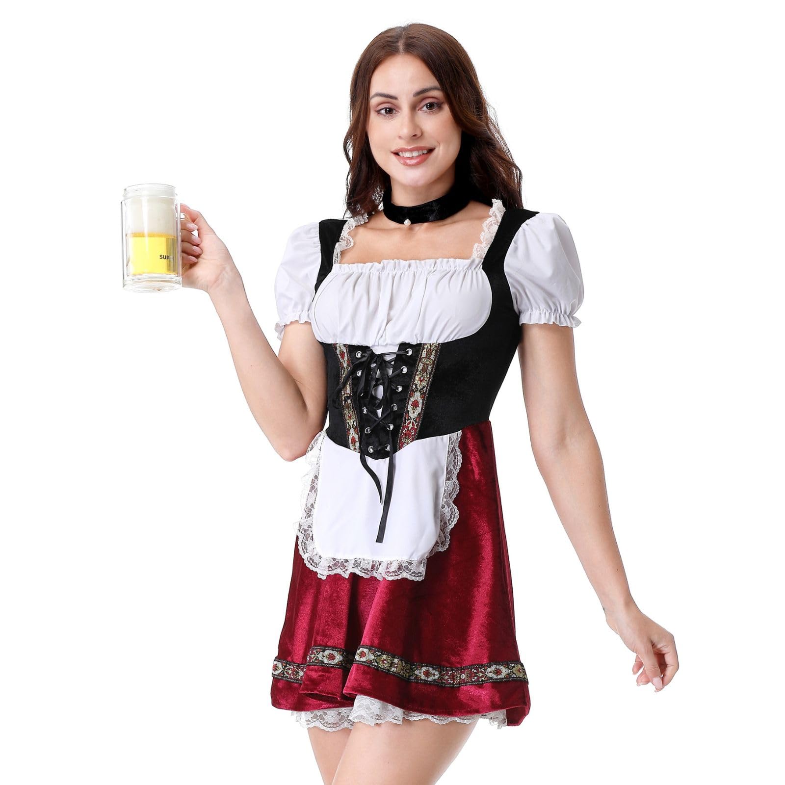 HAPNBCELE Women Oktoberfest Costume Adult German Bavarian Dirndl Velvet Puff Sleeve Red Beer Dress Halloween Carnival Cosplay S