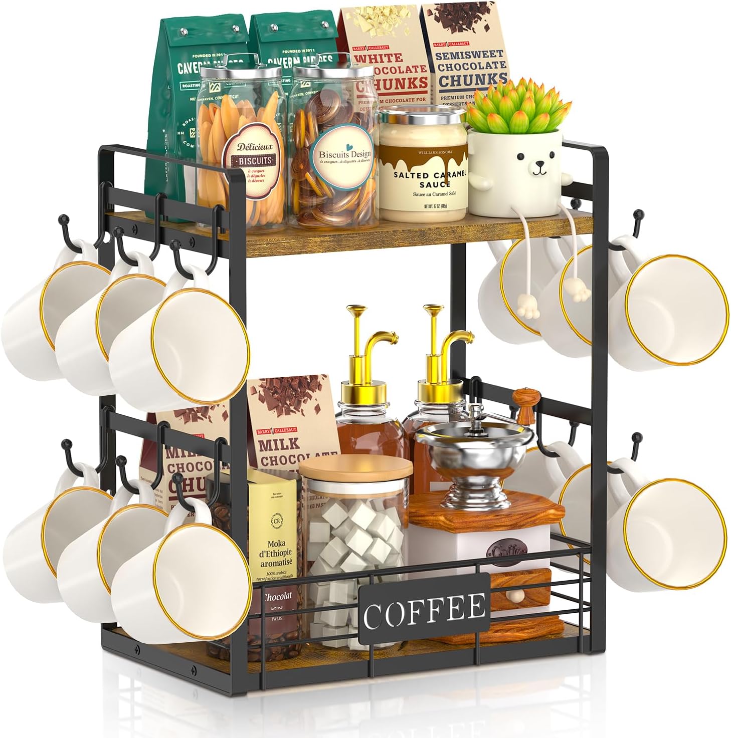 EsLuker.ly Coffee Mug Cup Holder Tree Bar Station Organizer, 2 Tier Mug Stand Rack for Countertop Kitchen, Storage Tower Display Shelf with 12 Hooks, Coffee Nook Enhancer Antique Brown + Black
