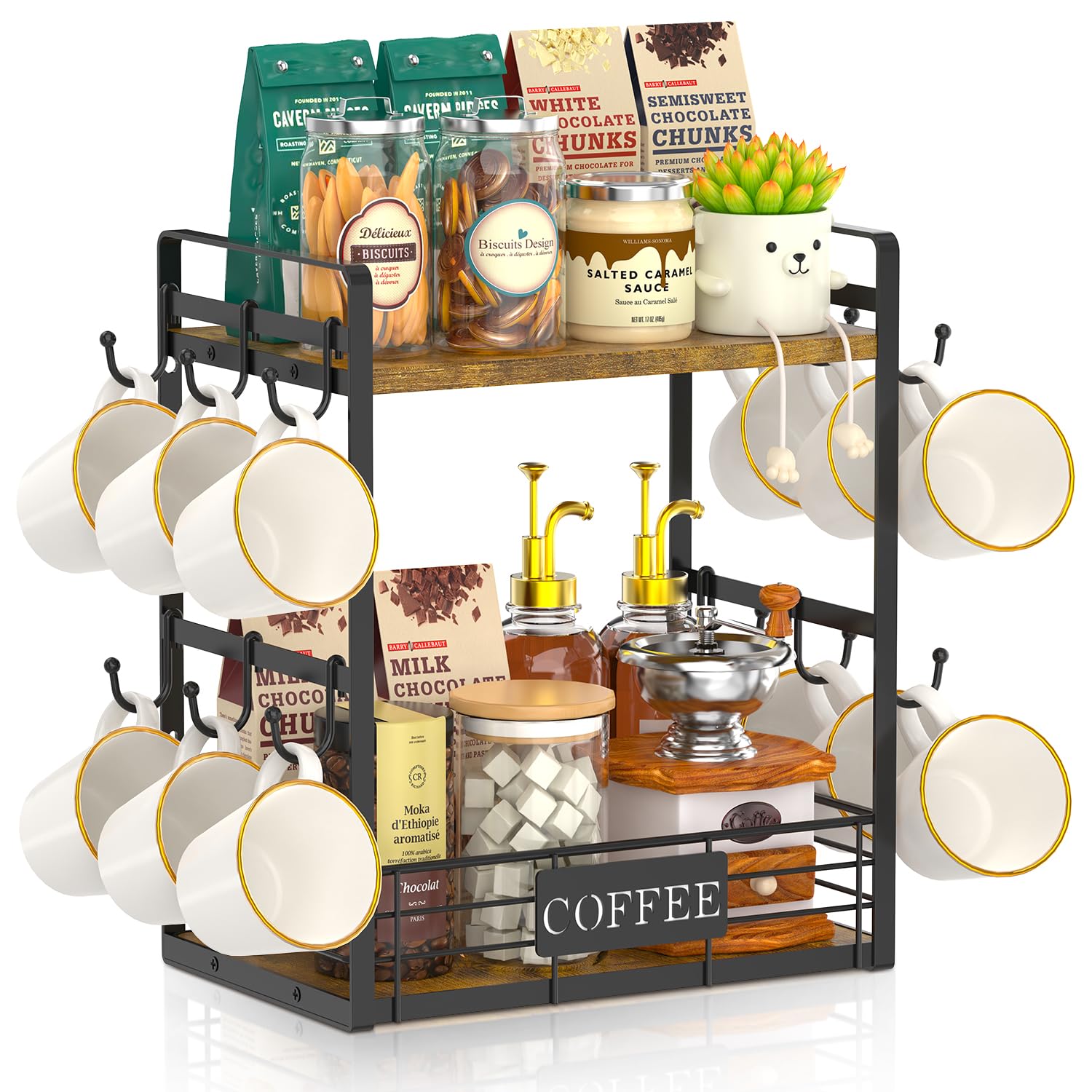 EsLuker.ly Coffee Bar Station Organizer Mug Cup Holder Stand for Countertop Multi-Functional 2 Tier Mug Tree Rack for Kitchen Storage Shelf with 12 Removable Hooks