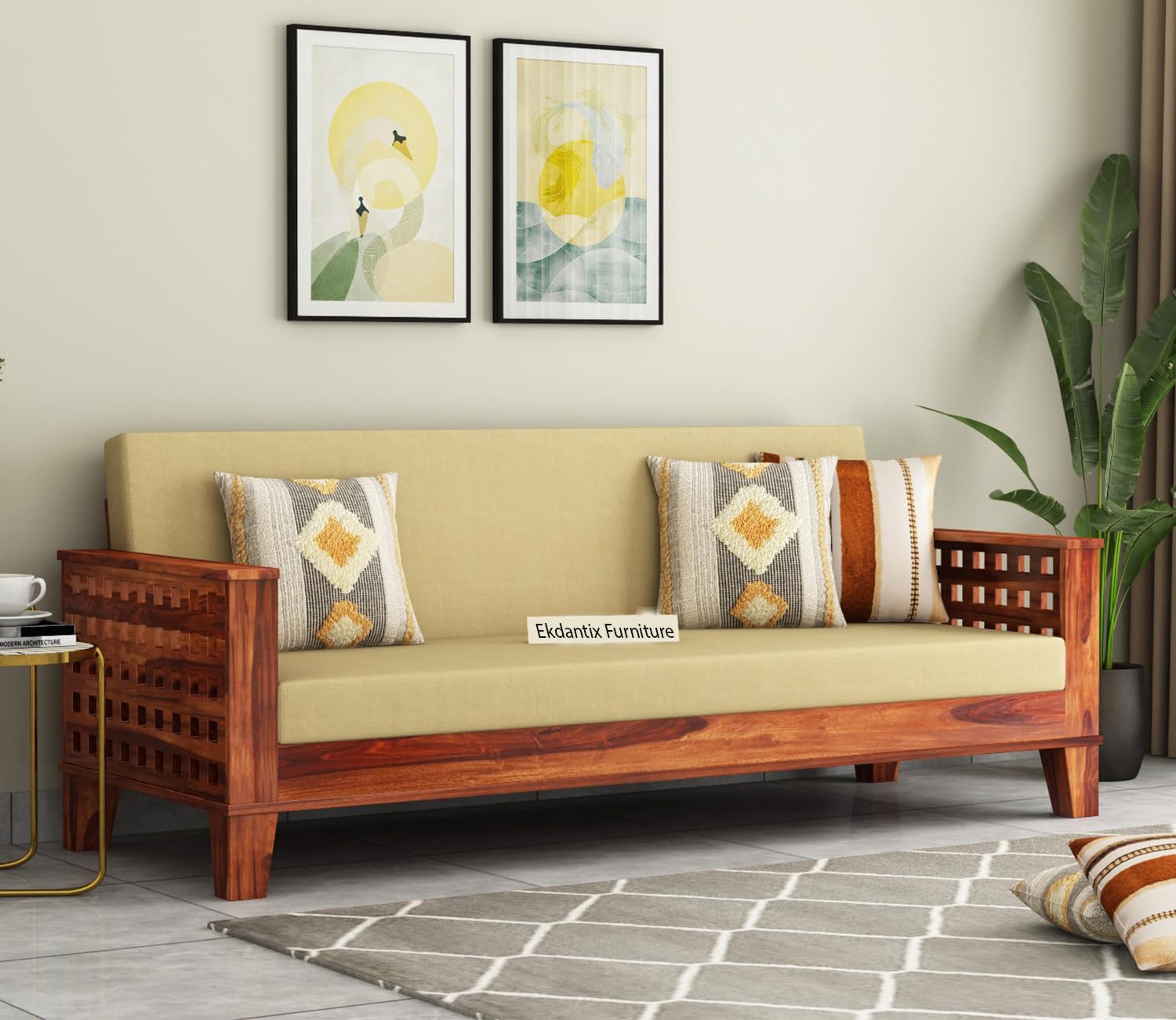 Ekdantix Furniture 3 Seater Solid Sheesham Wooden Sofa Cums Bed for Living Room | Drawing Room | Folding Bed with Mattresses | Wooden Bed (Natural), Brown-image-25