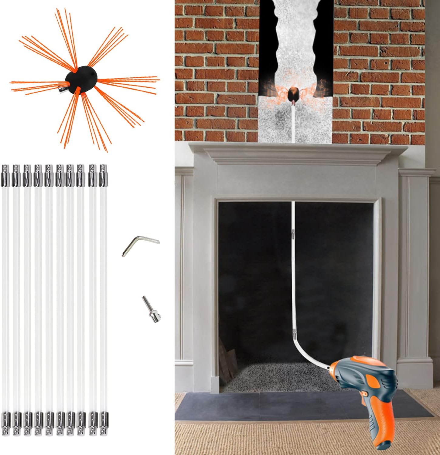 Chimney Brush-Original CyclonePlus 33ft Length Electrical Drill Drive Sweeping Cleaning Tool Kits with Nylon Flexible Rods (10 rods)