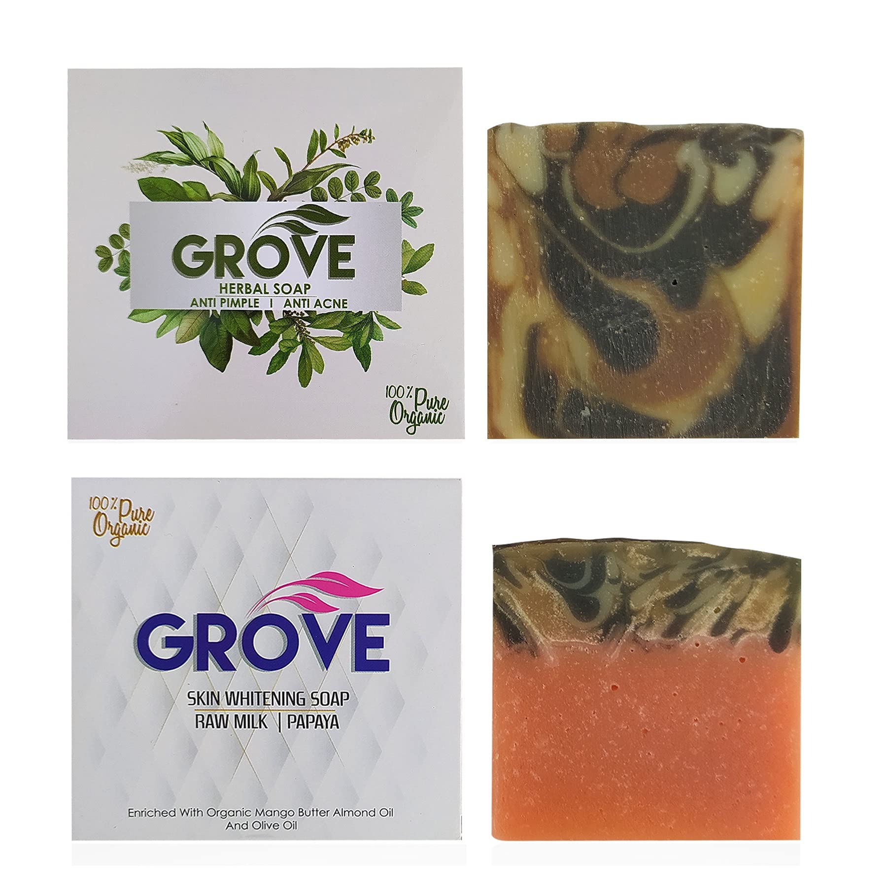Grove Handmade Soaps Combo - Herbal & Skin Brightening | Reduce Pimple, Dark Spots & Tan - Each 100g Bars