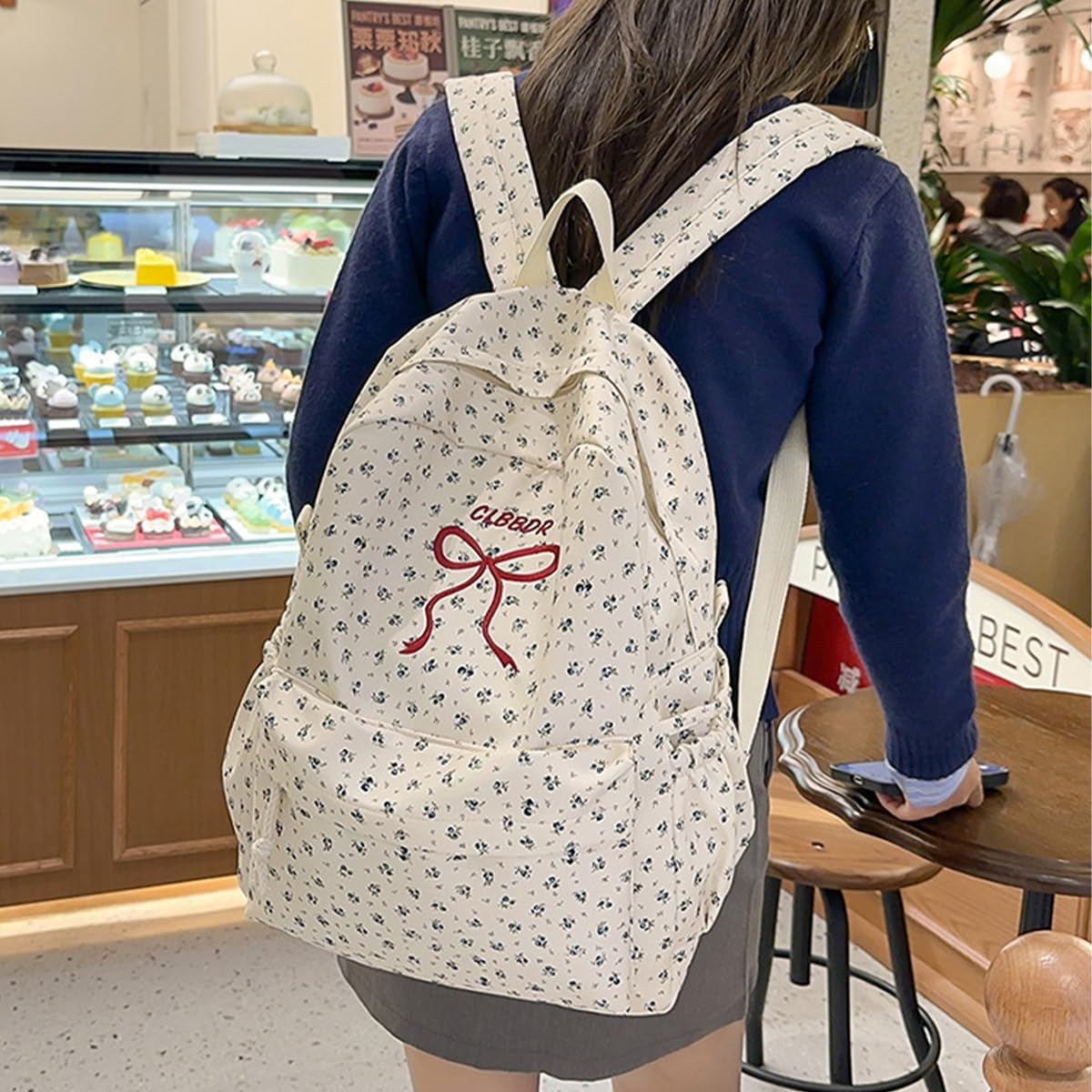 Classic Floral Printed Cute Bow Tie Embroider Backpack 16.1 Inch Kawaii Casual Simple Lightweight Travel Bag - Image 6