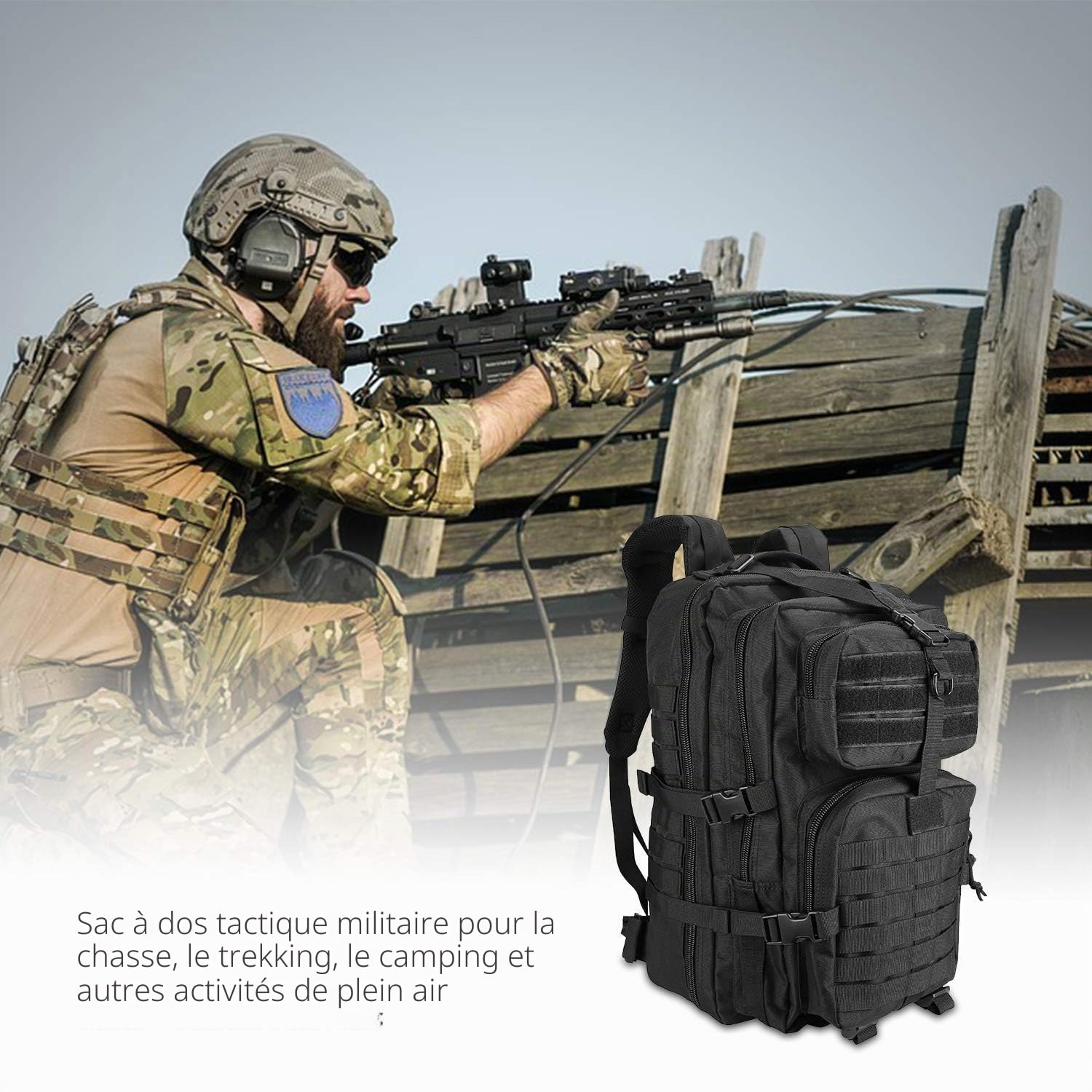 ProCase Sac à Dos Style Militaire, 42L Grand Volume Sac à Dos Multifonction, pour École/Trekking/Randonnée/Camping/Voyage/Pêche/Escalade/Alpinisme/Alpinisme ou Utilisation Quotidienne-Noir