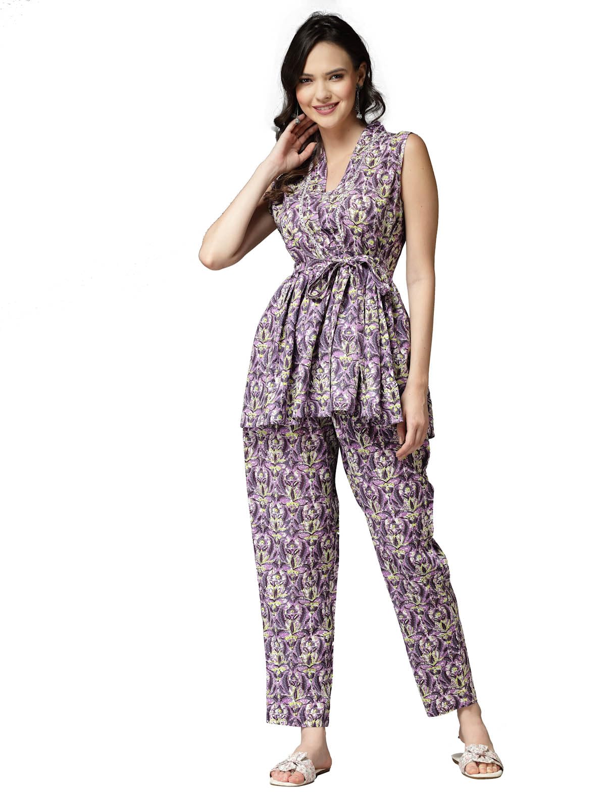 Stylum Women's Printed Rayon Co-Ord Set (Cspurplecherry34_Purple, Xs)
