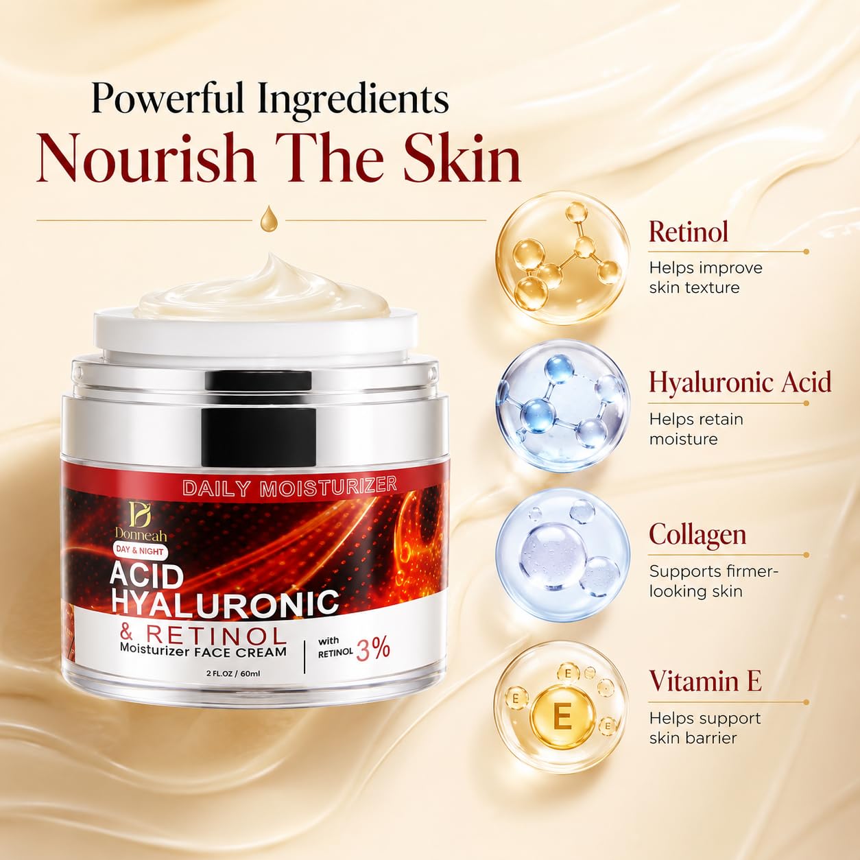 Retinol Face Moisturizer with Hyaluronic Acid & Collagen, Hydrating Retinol Cream for Face and Neck, Daily Moisturizer for Smoother-Looking Skin, Helps Improve the Appearance of Fine Lines 1.7 fl oz,