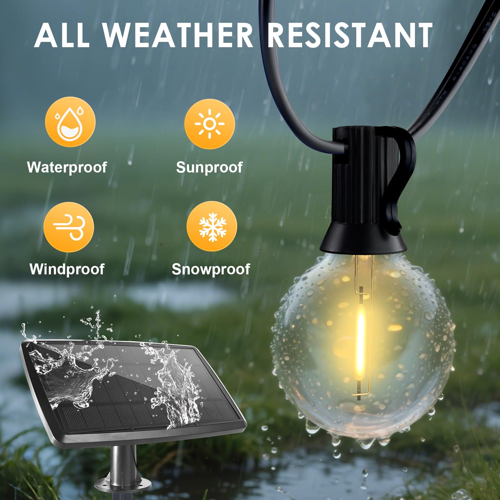 Solar-Lichterkette für den Außenbereich, wasserdicht, mit Fernbedienung, G40 solarbetriebene Lichterkette mit 40 + 2 bruchsicheren LED-Leuchtmitteln, dimmbar, Solar-Terrassen-Hängeleuchten für Außen